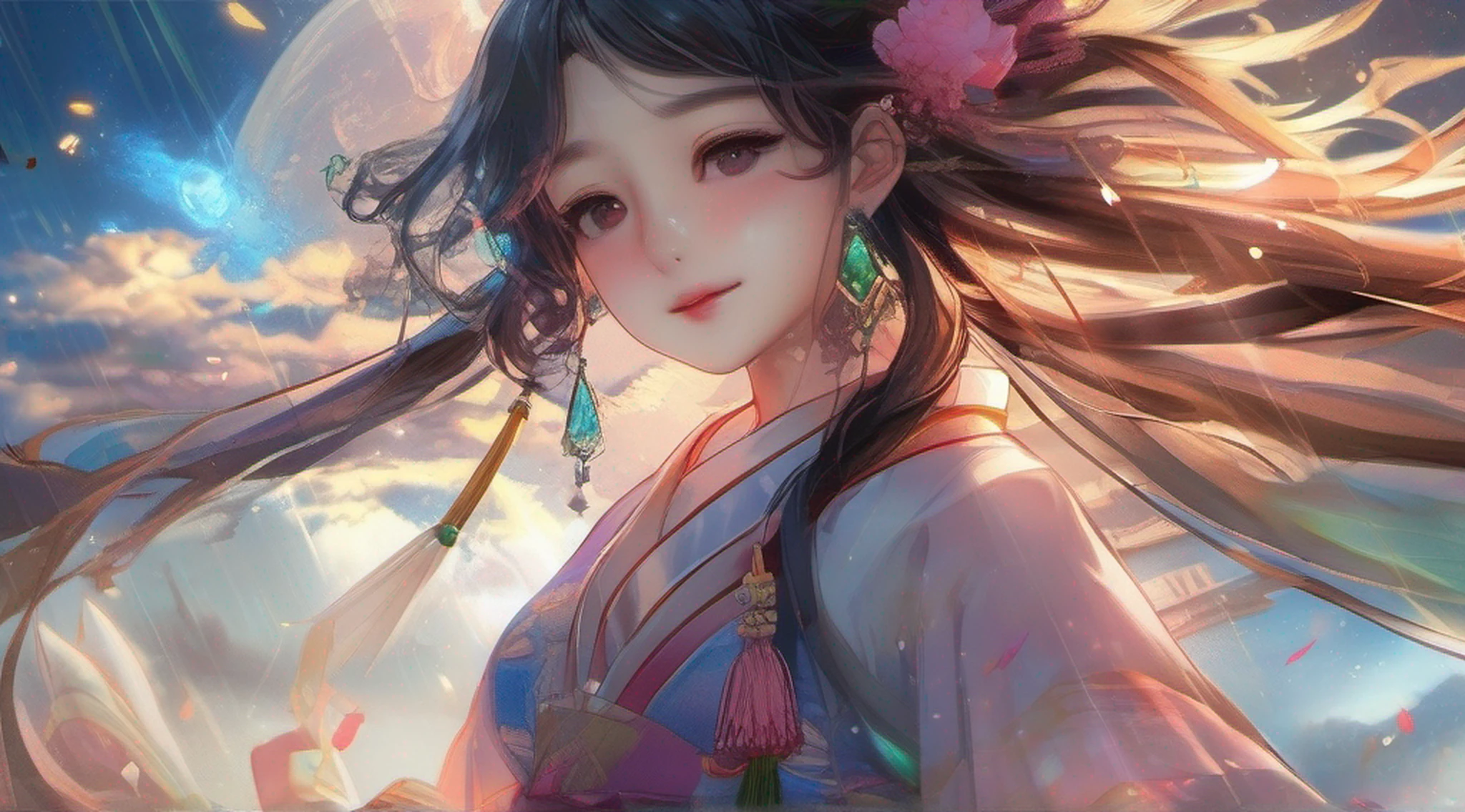 (8k, RAW photo:1.2),best quality, ultra high res,dramatic angle,(fluttered detailed color splashs), (illustration),(((1 girl))),(long hair),(rain:0.9),(hair ornament:1.4),there is an ancient palace beside the girl,chinese clothes,(focus on), color Ink wash painting,(color splashing),colorful splashing,(((colorful))),(sketch:0.8), Masterpiece,best quality, beautifully painted,highly detailed,(denoising:0.6),[splash ink],((ink refraction)), (beautiful detailed sky),moon,highly,detaild,(masterpiece, best quality, extremely detailed CG unity 8k wallpaper,masterpiece, best quality, ultra-detailed),(Lycoris radiata),