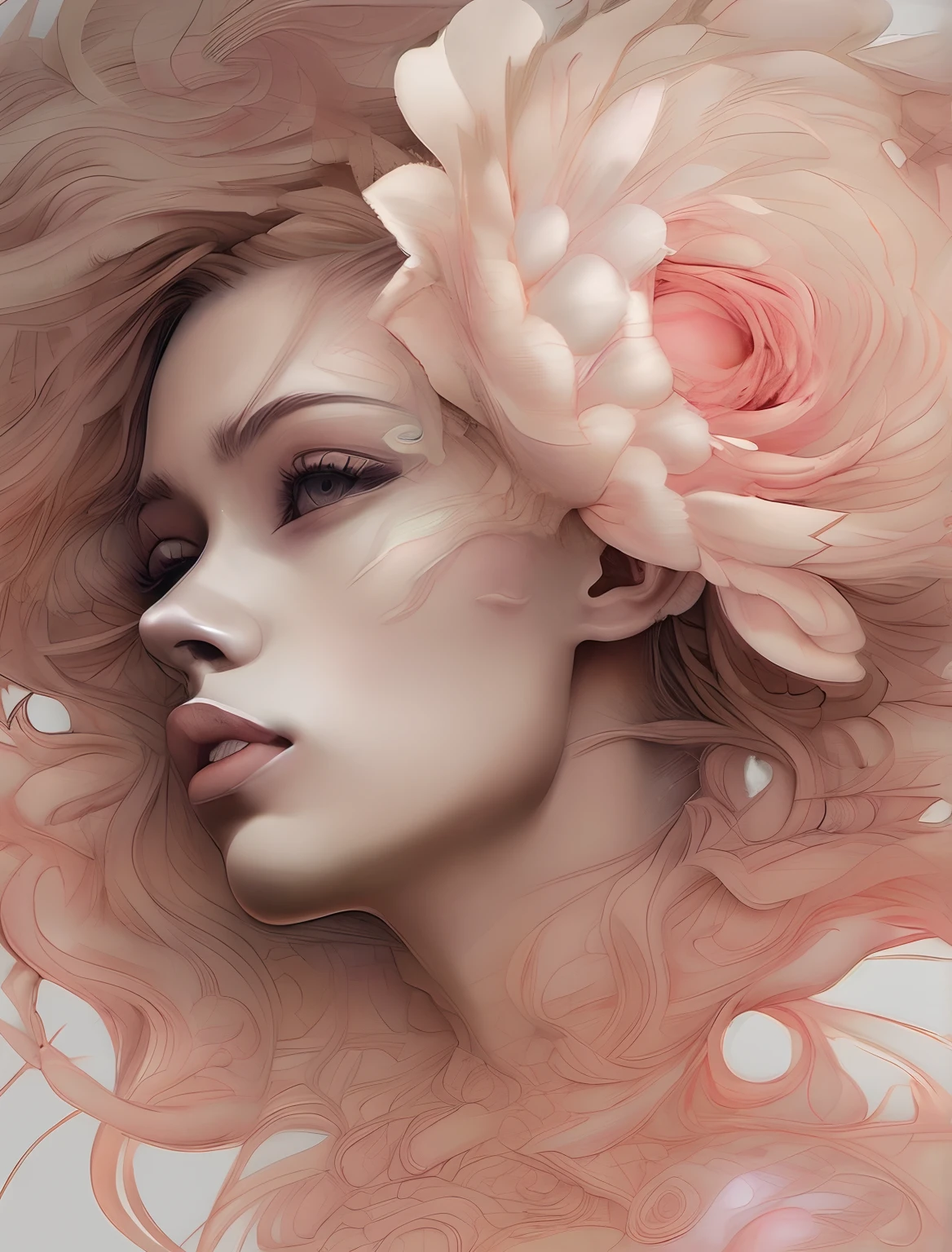 chiaroscuro technique on sensual illustration of an elegant , retro and vintage ,silky flower around body, matte painting, by Hannah Dale, by Harumi Hironaka, extremely soft colors, vibrant, pastel, highly detailed, digital artwork, high contrast, dramatic, refined, tonal, golden ratio