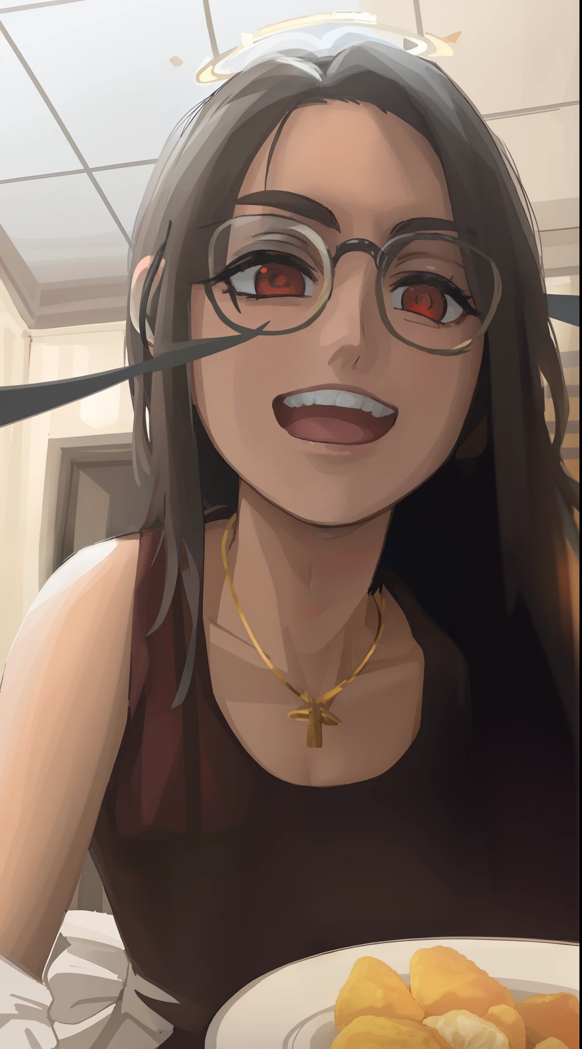 2d, masterpiece, best quality, highly detailed eyes, highly detailed face, cowboy shot, feet out of frame, 1girl, solo, standing, black background, red background, helltaker, azazel \(helltaker\), white shirt, white pants, gold trim, halo, angel, black hair, short hair, white ribbon, hair ribbon, light blue eyes, looking at viewer, smile, open mouth, hand on own face, straight-on