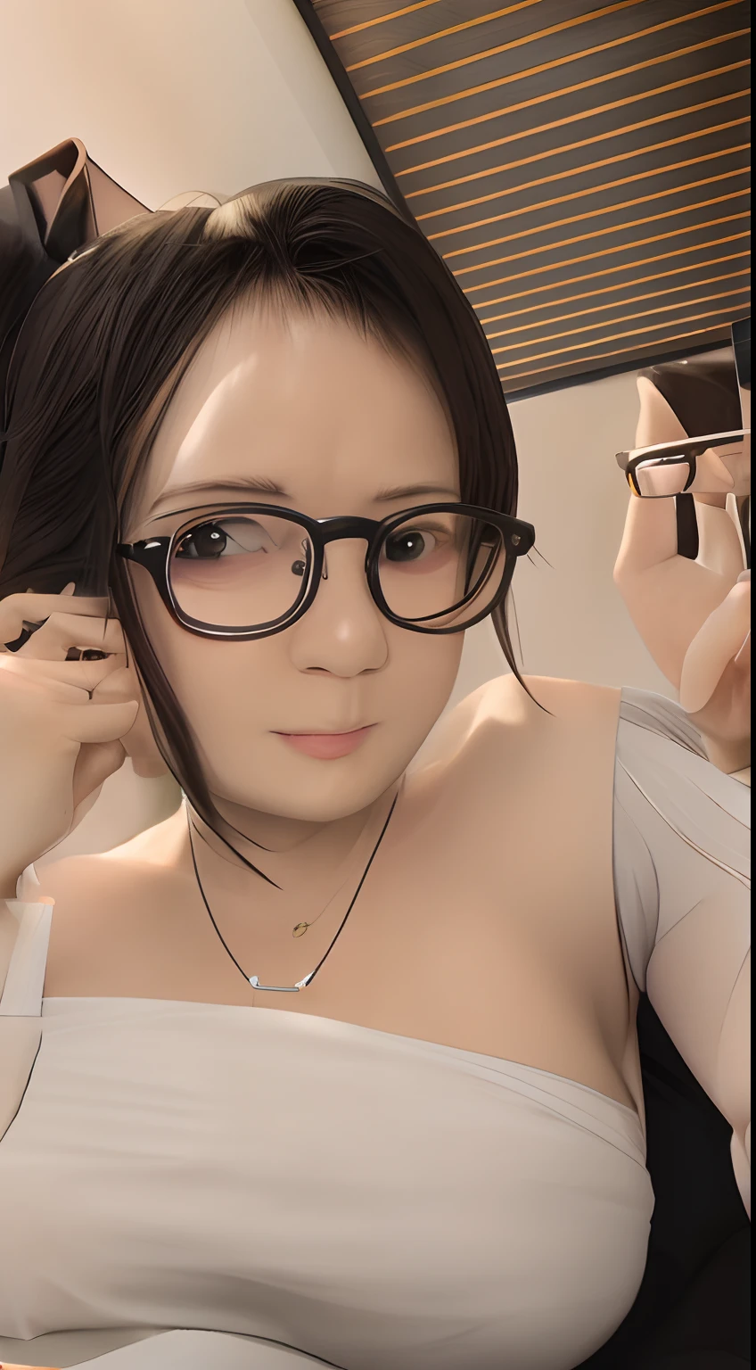 there is a woman with glasses and a necklace on her neck, thick glasses, with glasses, spectacled, 2 , 2 7 years oldlack frame glasses, wearing thin large round glasses, 2 9 years old, wearing b glasses, with glasses on, taken in the early 2020s, !!wearing modern glasses!!
