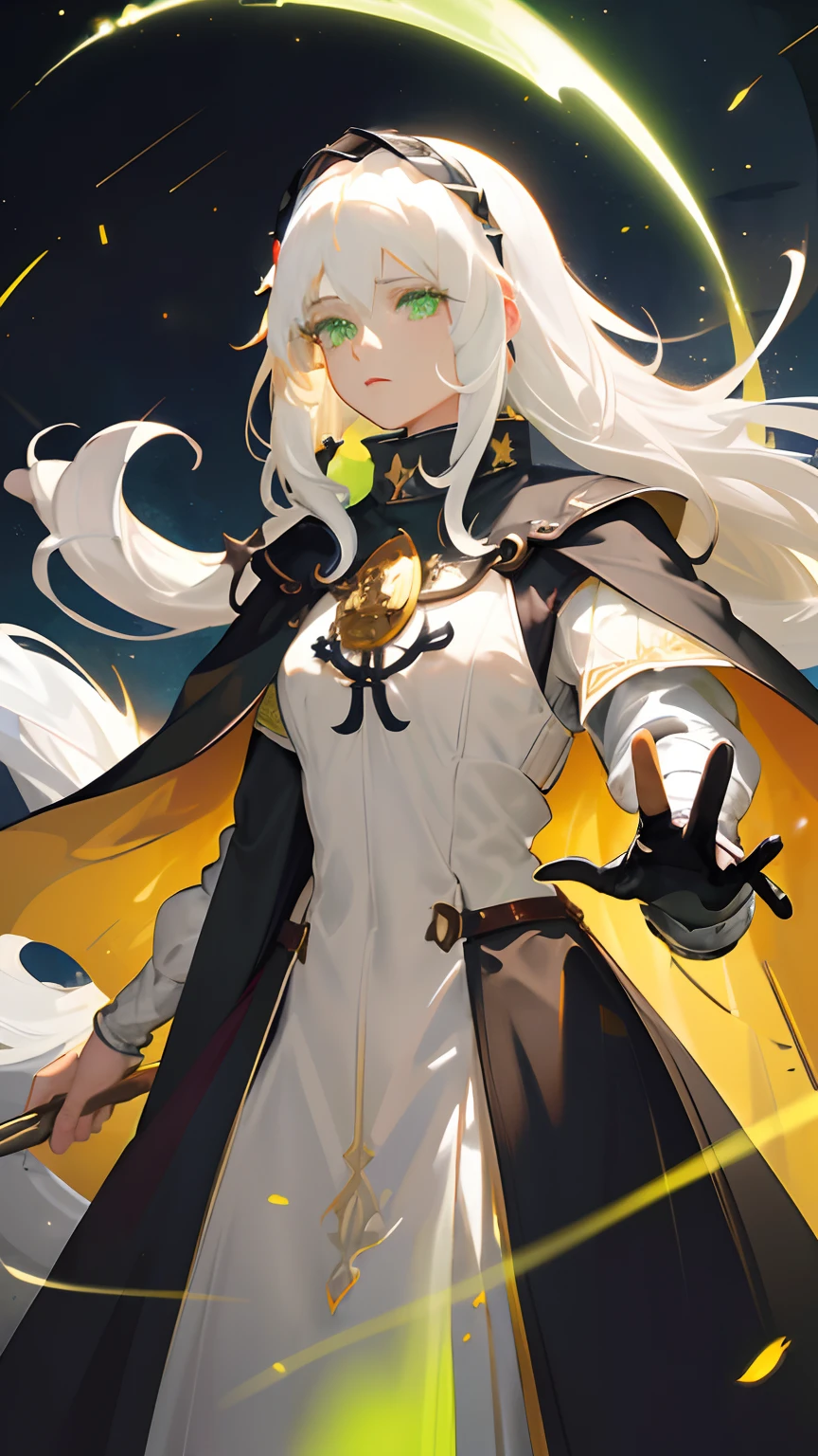 1girl, (White hair:1.8), (Light green eyes:1.7), dress, Black and white medieval clothing, (Medieval cape short black:1.6). (Long hair, Masterpiece:1.6), Best quality, super detail, 16k, anatomically correct, (beautiful eyes:1.5), retina, (full moon:1.2), (shooting stars:0.9), (nebula:1.3), distant mountains, trees BREAK production art, (warm light source:1,2), (Fireflies:1,2), lamps, lots of purple and orange, intricate details, volumetric lighting BREAK (masterpiece:1.2), (best quality), 4K, very detailed, (dynamic composition:1.4), very detailed, colorful detail, (colorful color:1.2), (luminous lighting, atmospheric lighting), dreamy, magical, (Solo:1.2)