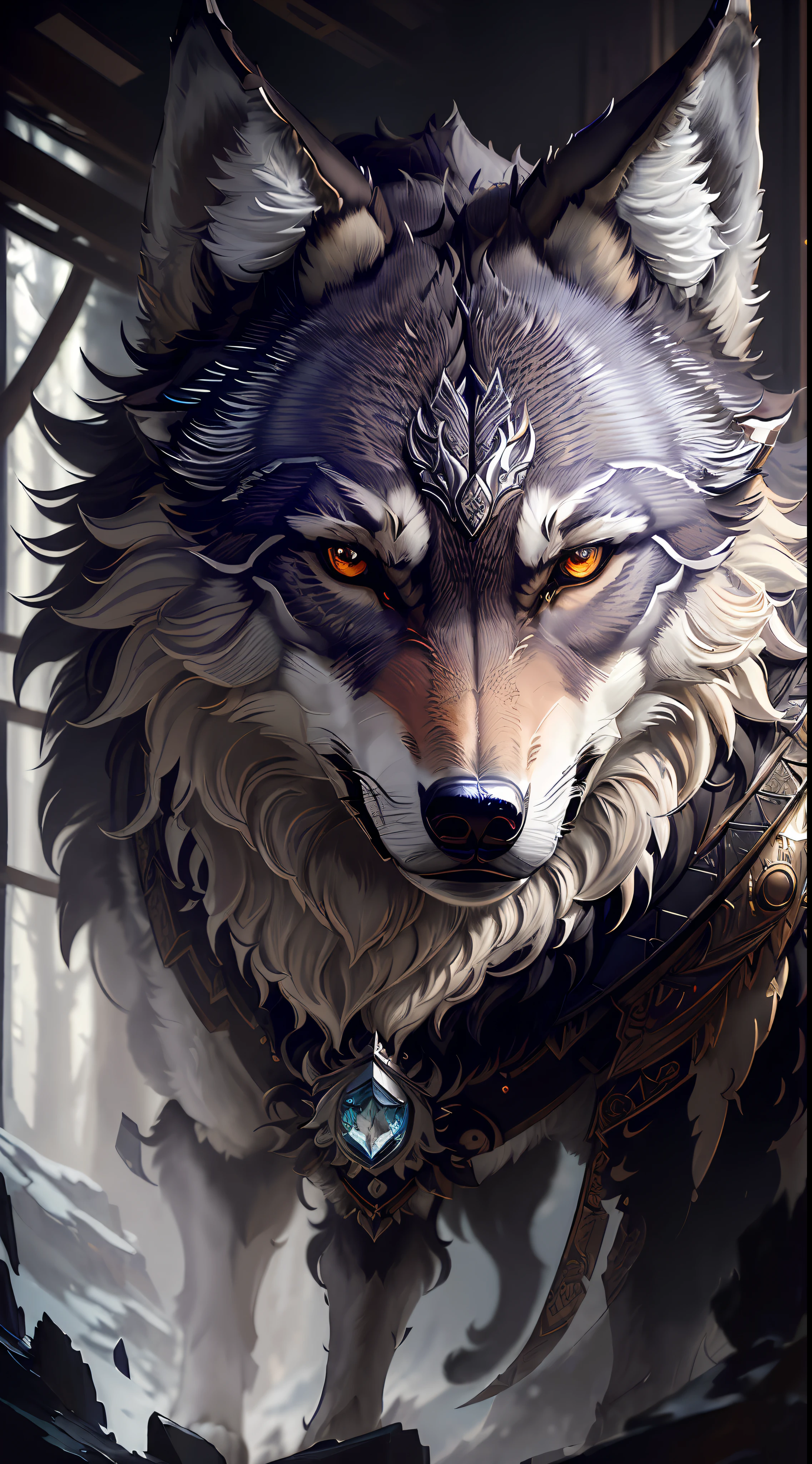 Masterpiece, best quality, ((Beautifully detailed Wolf)) (very detailed CG Unity 8k wallpaper), professional majestic oil paintings by Ed Blinky, Athea Gaylan, Studio Ghibli, Jeremy Mann, Greg Manchessa, Antonio Moro, popular on ArtStation, trending Midjourney and Greg Rutkowski CGSociety, intricate, high detail, clear focus, dramatic, realistic painting