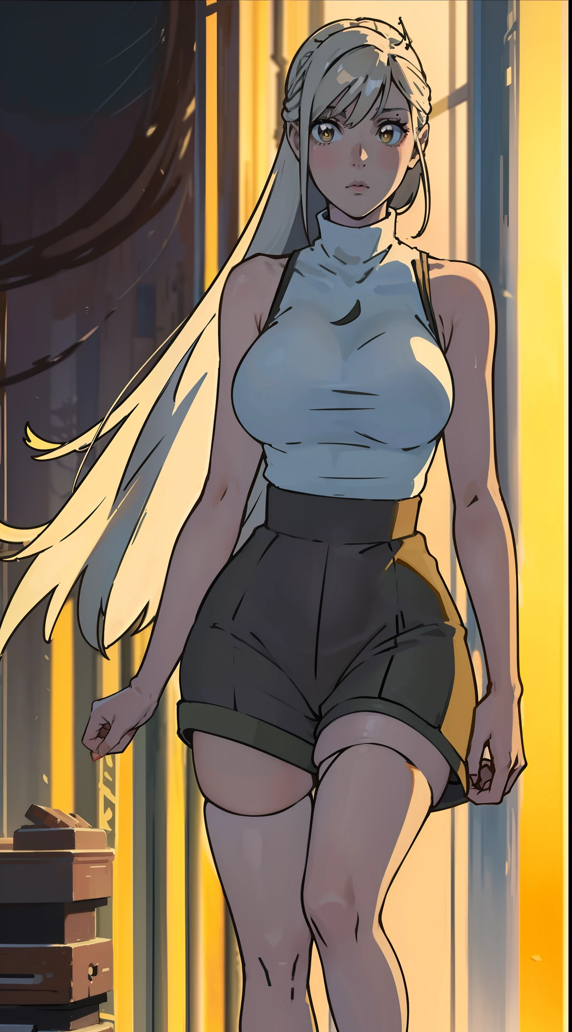 1girll,long whitr hair,sleeveless turtleneck,high - waist shorts,Hosiery,high-heels,huge boob,Delicate makeup,are standing,staring in the camera,ln the forest,floresta exuberante,The best lighting