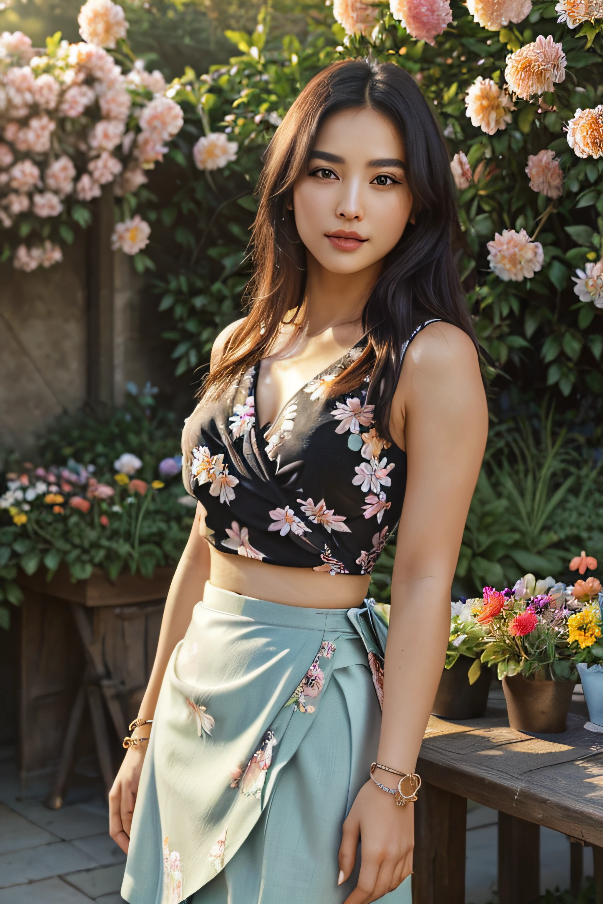 (Floral_wrap_top:1.4),(Midi_skirt:1.4),(Beaded_bracelets:1.3),(Garden_party_background:1.5)1girl, solo, outdoors, streets, city, (masterpiece, best quality, realistic), (photorealistic:1.4), chinese woman, lip, brown eyes, (brighteninglight:1.2), (Increase quality:1.4), finely detailed eyes, She has exquisite facial features and delicate skin, Rich and realistic skin texture, fine hands,1girl,looking at viewer, flowers, black hair, standing, (half-body), best masterpiece, Ultra high resolution, ultra detailed details