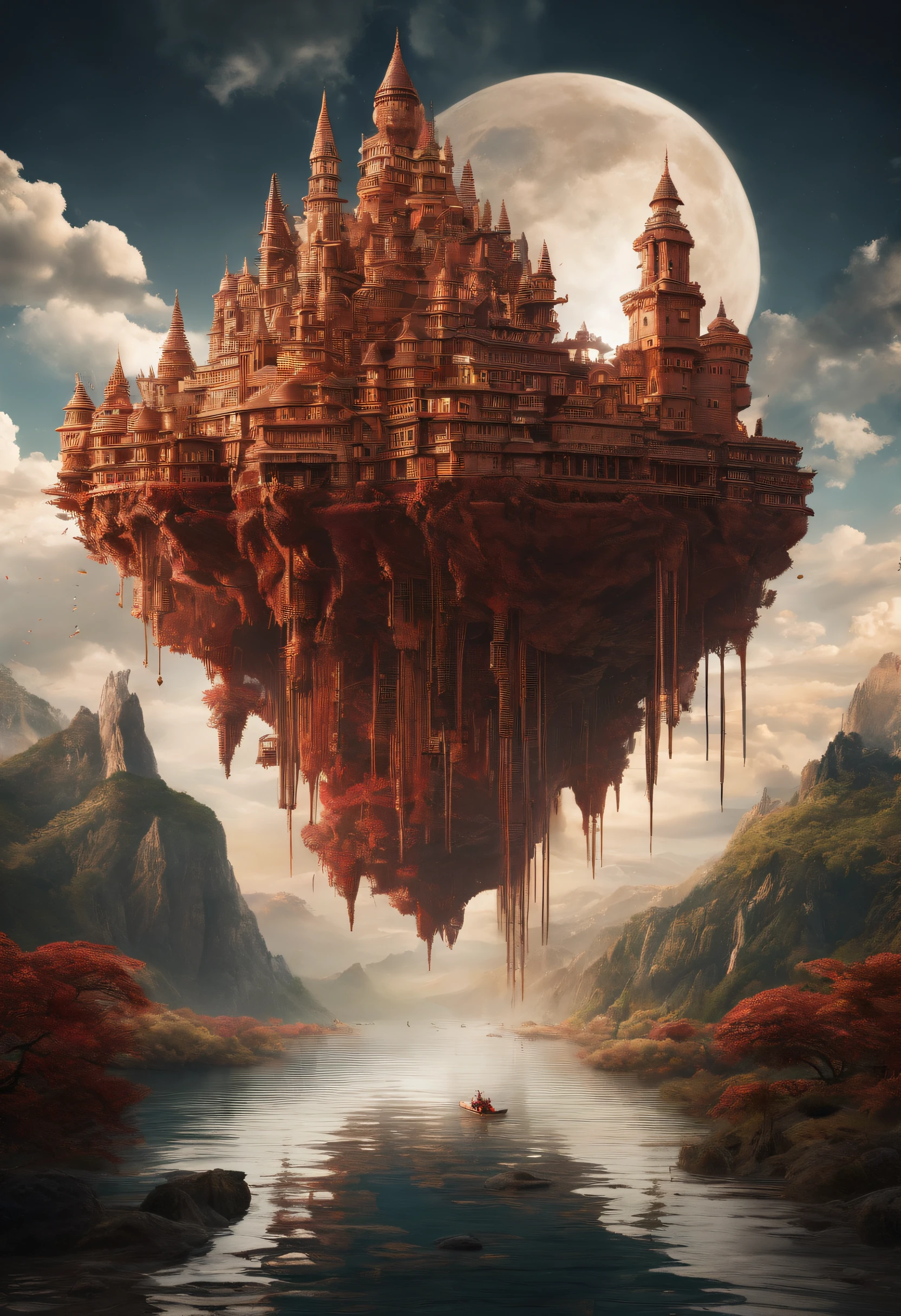 (Masterpiece)),((Best quality)),((High- sharpness)),((Realistic,))In a red dream, (Background with：Deep in space),(Biomechanical moving castle)，There are complex cities,the street,（salama:1.2),(Spotted creek beast:1.2)Mysterious outer space, Floating mountains, avatar landscape, Water channels, (Hallelujah Hanging Mountain:1.2), (Giant castle floating in the air: 1.5), (Reflection), (Bizarre and fascinating plants from outer space), Floating islands, , Movie dystopia, Epic matte painting, Dutch Golden Age painting, Fuji colors, Shining, Blurry, fading border, partial underwater shot, 8K,floating platforms, Surrounded by wonderful scenery