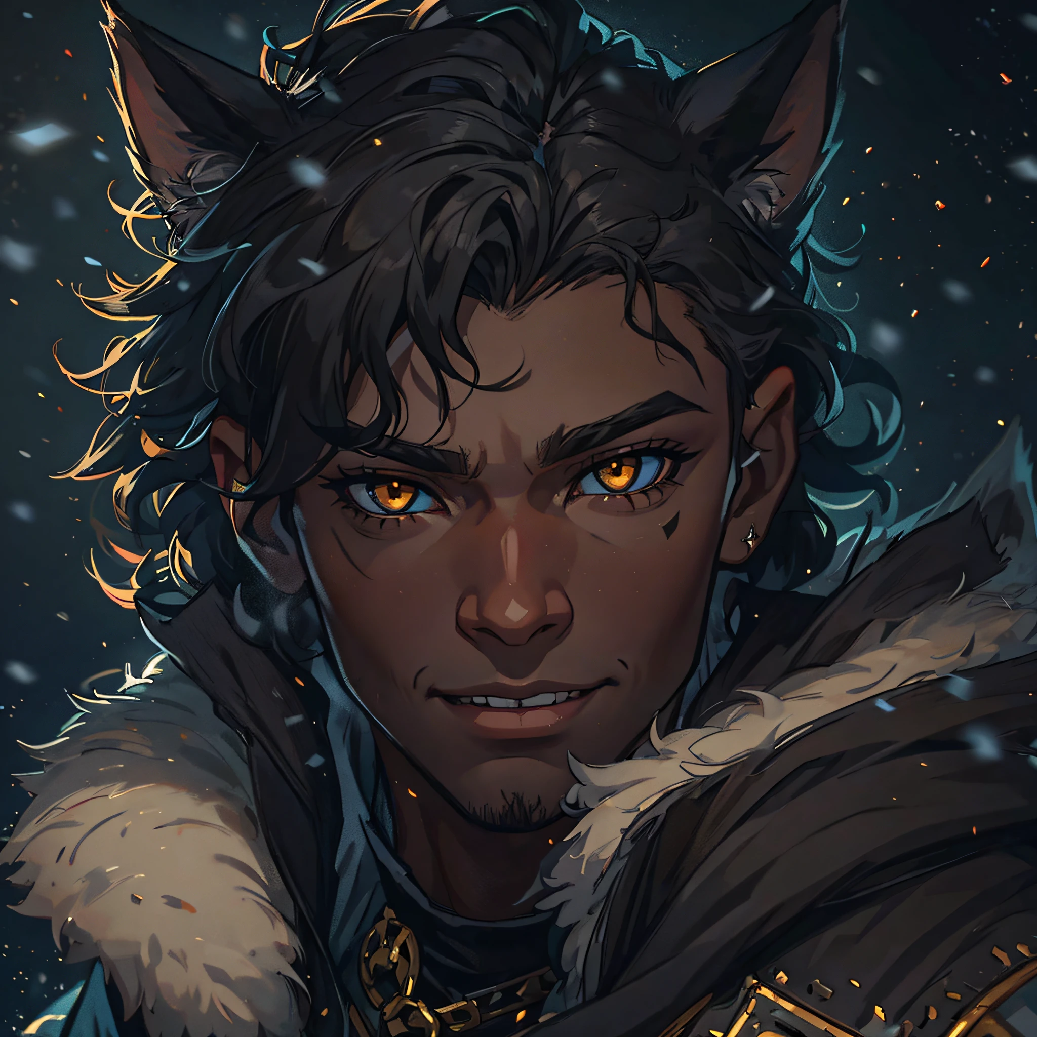 Close up in a beautiful black man with middle wavy hair, young man, confident eyes, Black beauty, golden eyes, cat ears, and a confident smile, dressed in dark and black clothes like an assassin, a fantasy character, an RPG character. Warm lighting, snowflakes falling, he is in the tundra, perfect eyes, 4k, perfect details, character for a RPG, medieval RPG, ultra-detailed, demi human with cat eats