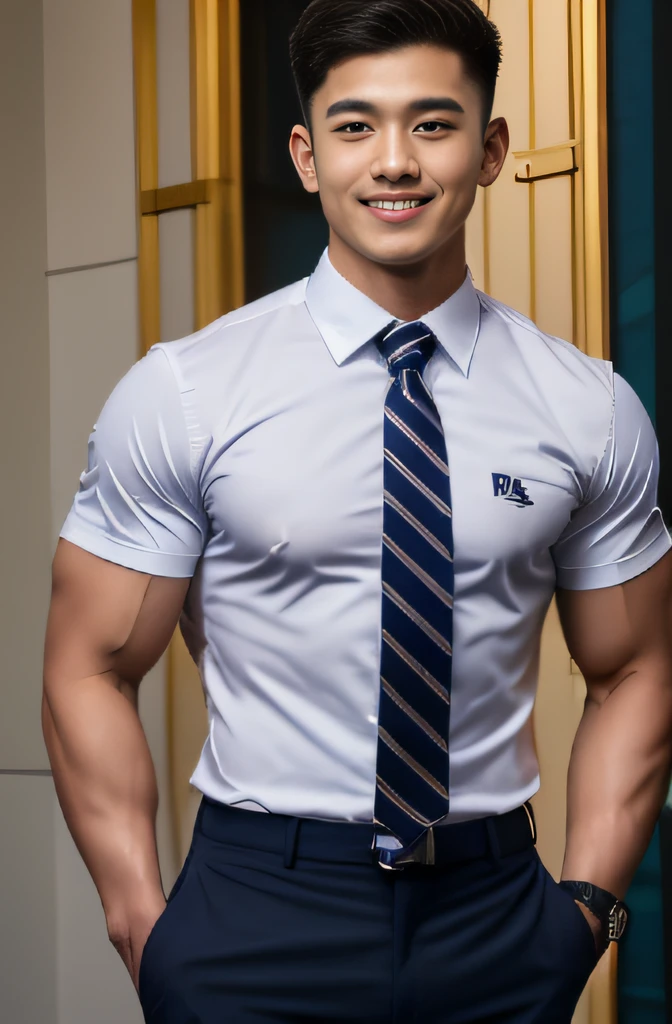 A handsome men ,20 age , Short Hair Hair, korea , Student，(((Wear a tie....., Navy shirt and navy suit....))), full body view,smile ,Pectoral muscles, Big arm muscles,  Big muscles, Wide shoulders ,athlete , Upper body (1), nighttime: 1.3, bangkok: 1.2