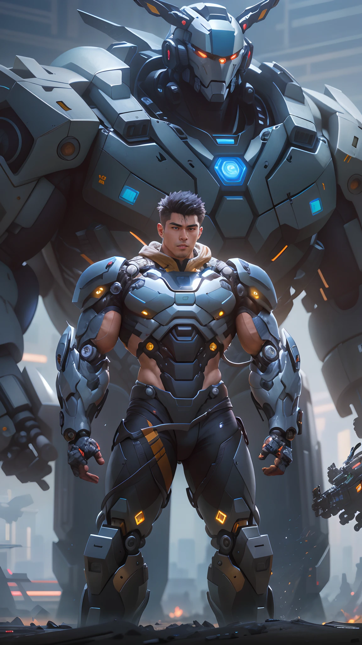 Arad strong muscular man in futuristic suit stands in front of a giant robot, A shirtless man wearing mecha network armor, Male mech, Cyberpunk anime macho mech, Mechanized male Valkyrie boy, cgsociety and fenghua zhong, Mechanized soldier boy, chengwei pan on artstation, by Russell Dongjun Lu, The perfect anime cyborg, wojtek fus