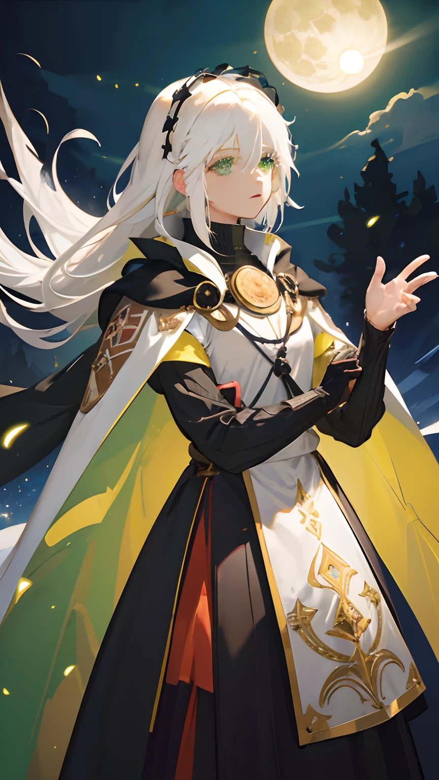 1girl, (White hair:1.8), (Light green eyes:1.7), dress, Black and white medieval clothing, (Medieval cape short black:1.6). (Long hair, Masterpiece:1.6), Best quality, super detail, 16k, anatomically correct, (beautiful eyes:1.5), retina, (full moon:1.2), (shooting stars:0.9), (nebula:1.3), distant mountains, trees BREAK production art, (warm light source:1,2), (Fireflies:1,2), lamps, lots of purple and orange, intricate details, volumetric lighting BREAK (masterpiece:1.2), (best quality), 4K, very detailed, (dynamic composition:1.4), very detailed, colorful detail, (colorful color:1.2), (luminous lighting, atmospheric lighting), dreamy, magical, (Solo:1.2)