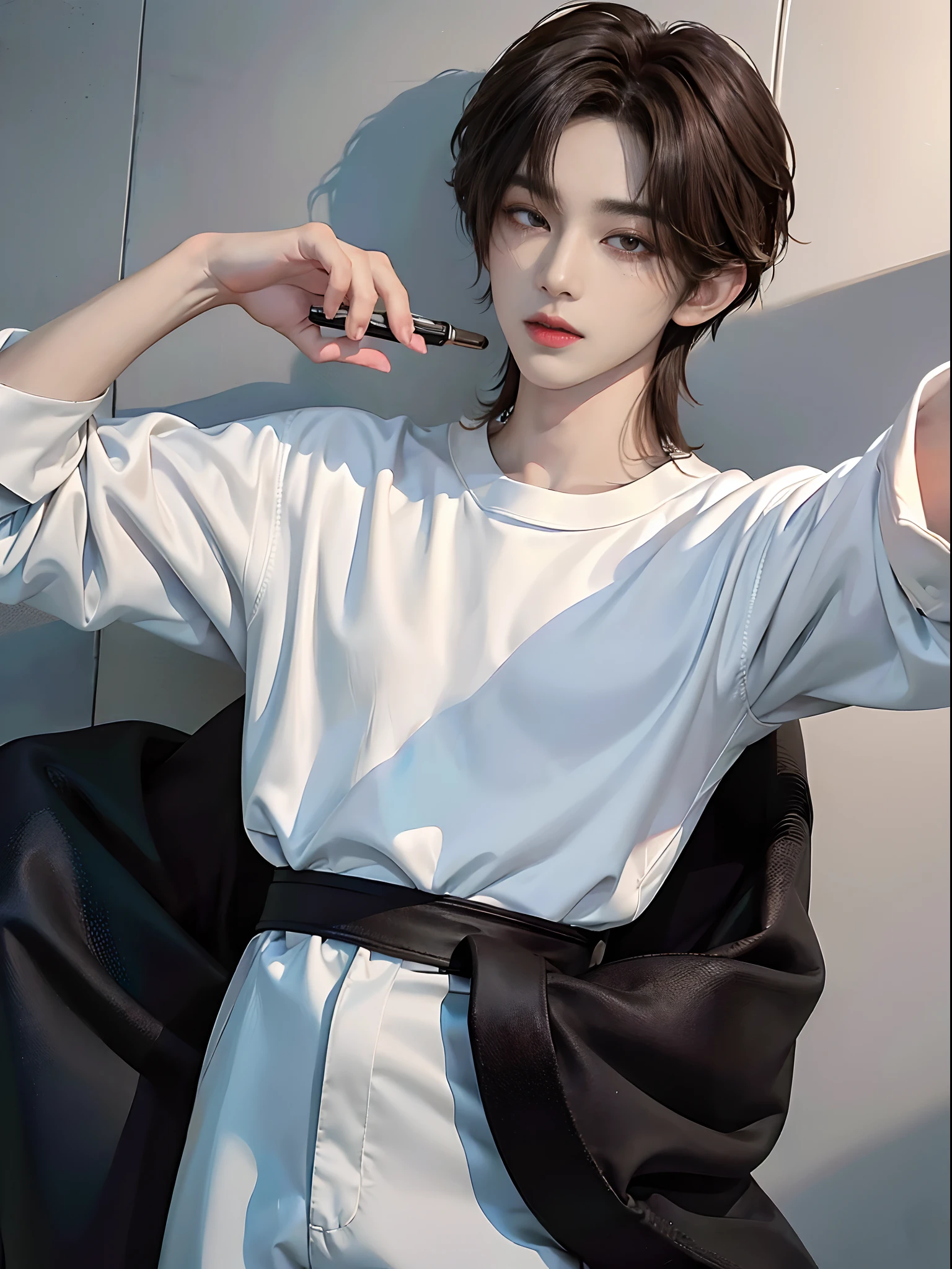 masterpiece、(top-quality)、((high-level image quality))、One Manly Boy、Slim body、((White Y-shirt and long black pants:1.1))、(Detailed beautiful eyes)、In the Han River、Face similar to Chaewon in Le Selefim、((short hair above the ears))、((Smaller face))、((Neutral face))、((Light brown eyes))、((Korean boy))、((18year old))、((Handsome man))、((Wild look))、((Korean Makeup))、((elongated and sharp eyes))、((Happy dating))、((Take a selfie))、((Shooting from close range))