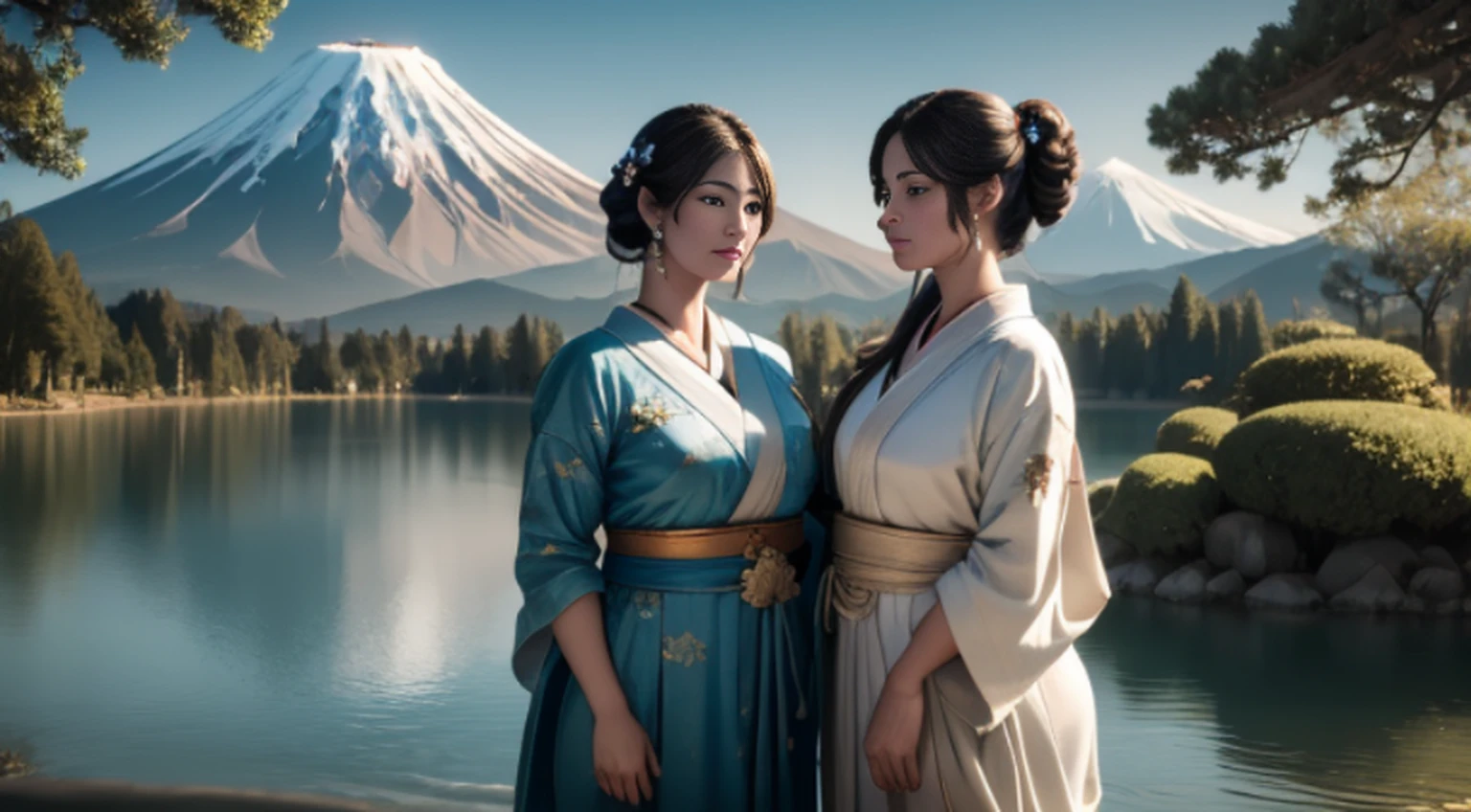 (melhor qualidade, Realistic, fotorrealista:1.37), elegante, Anos 70 usando smoking,Little fat man from Japan, tem barba,Sentado em uma cadeira tocando violoncelo, Playing with a bow in his right hand,Beira do Lago Yamanaka, Mount Fuji in Japan at the bottom of the lake, Com dois cisnes nadando no lago, cores vibrantes, soft lighting,Rosto de mordida de sangue,
