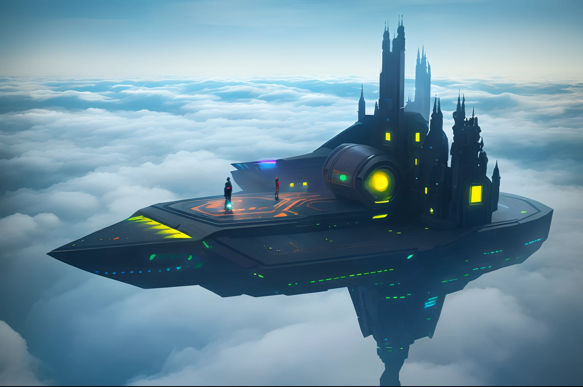 Above the clouds,Interstellar voyage,Huge high-tech floating Gothic castle,Above the clouds,Huge mobile Gothic castle,Floating Gothic castle,(Sea of clouds:1.3),Futuristic woman futuristic floating castle with futuristic futuristic floating castle background, inspired by Marek Okon, Beautiful sci-fi art, Science-fi digital art illustration, Digital cyberpunk art, science fiction digital painting, futuristic digital painting, futuristic concept art, In front of the view of the sci-fi floating castle, science fiction digital art, Advanced digital cyberpunk art, dreamy cyberpunk girl