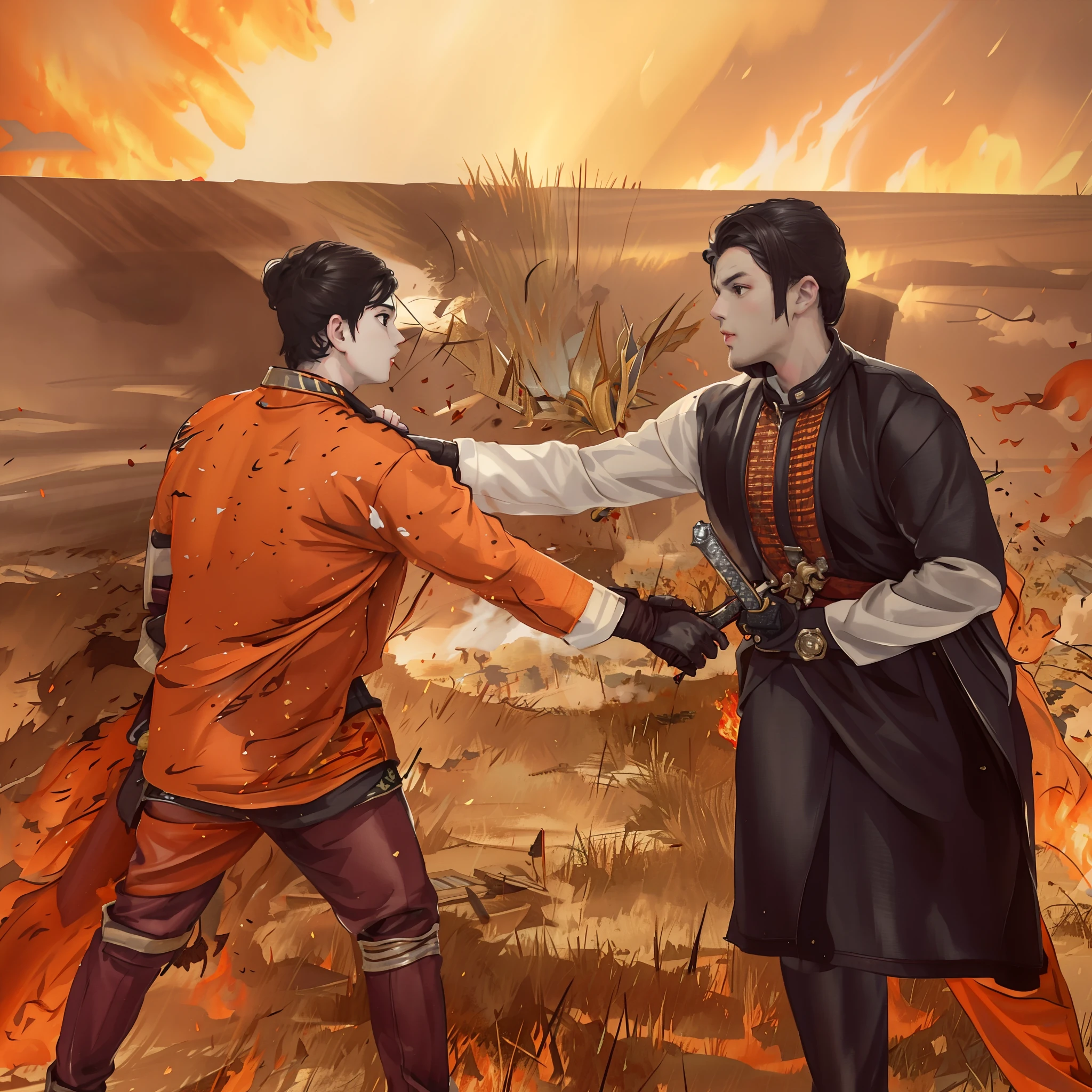 they are two men in a field holding sword and one is holding a sword, activity with fight on swords, hand to hand combat with machete, fight pose, hand to hand combat, in orange clothes fight, posing for a fight, fighting scene, cinematic mid shot fight, fight scene,fire background, 8k, facing off in a duel, in a fighting pose, combat fight