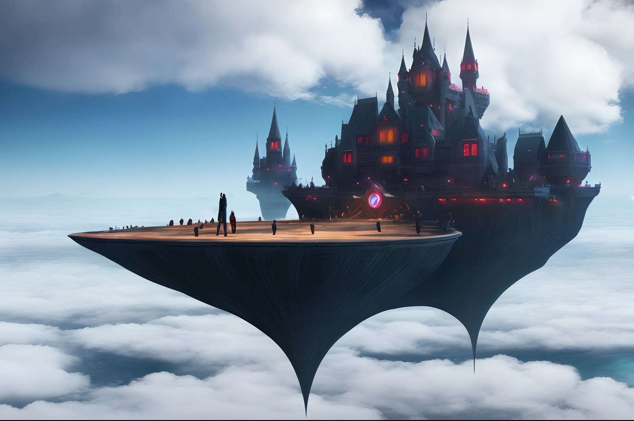 Above the clouds,Interstellar voyage,Huge high-tech floating Gothic castle,Above the clouds,Huge mobile Gothic castle,Floating Gothic castle,(Sea of clouds:1.3),Futuristic woman futuristic floating castle with futuristic futuristic floating castle background, inspired by Marek Okon, Beautiful sci-fi art, Science-fi digital art illustration, Digital cyberpunk art, science fiction digital painting, futuristic digital painting, futuristic concept art, In front of the view of the sci-fi floating castle, science fiction digital art, Advanced digital cyberpunk art, dreamy cyberpunk girl
