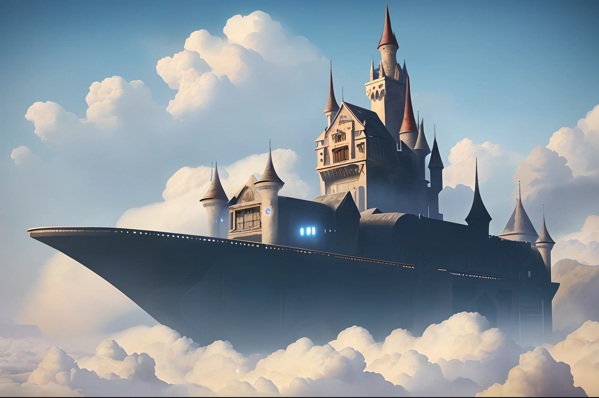 Above the clouds,Interstellar voyage,Huge high-tech floating Gothic castle,Above the clouds,Huge mobile Gothic castle,Floating Gothic castle,(Sea of clouds:1.3),Futuristic woman futuristic floating castle with futuristic futuristic floating castle background, inspired by Marek Okon, Beautiful sci-fi art, Science-fi digital art illustration, Digital cyberpunk art, science fiction digital painting, futuristic digital painting, futuristic concept art, In front of the view of the sci-fi floating castle, science fiction digital art, Advanced digital cyberpunk art, dreamy cyberpunk girl