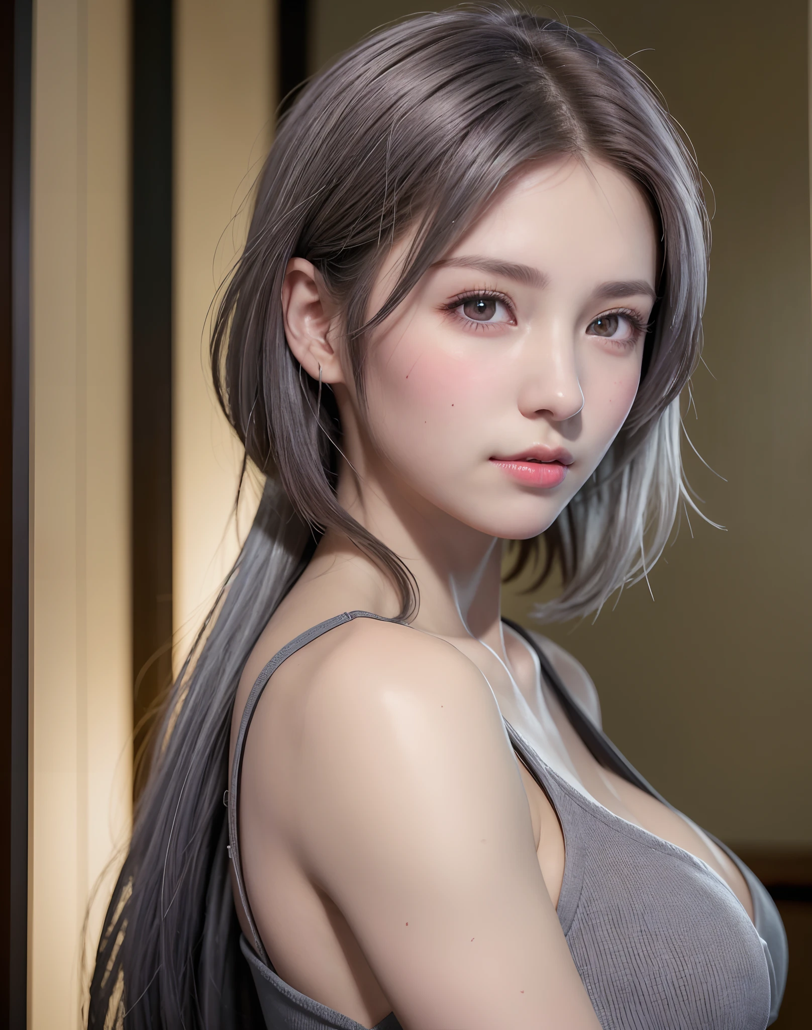 (8K, Photorealistic, Raw photo, of the highest quality: 1.3), (1girl in), Super beautiful, (Realistic face), (boyish, Silver Color Berry Shorthair), Beautiful , Glare that captivates the viewer, Beautiful expression, Beautiful breasts, (Realistic skin), Beautiful...