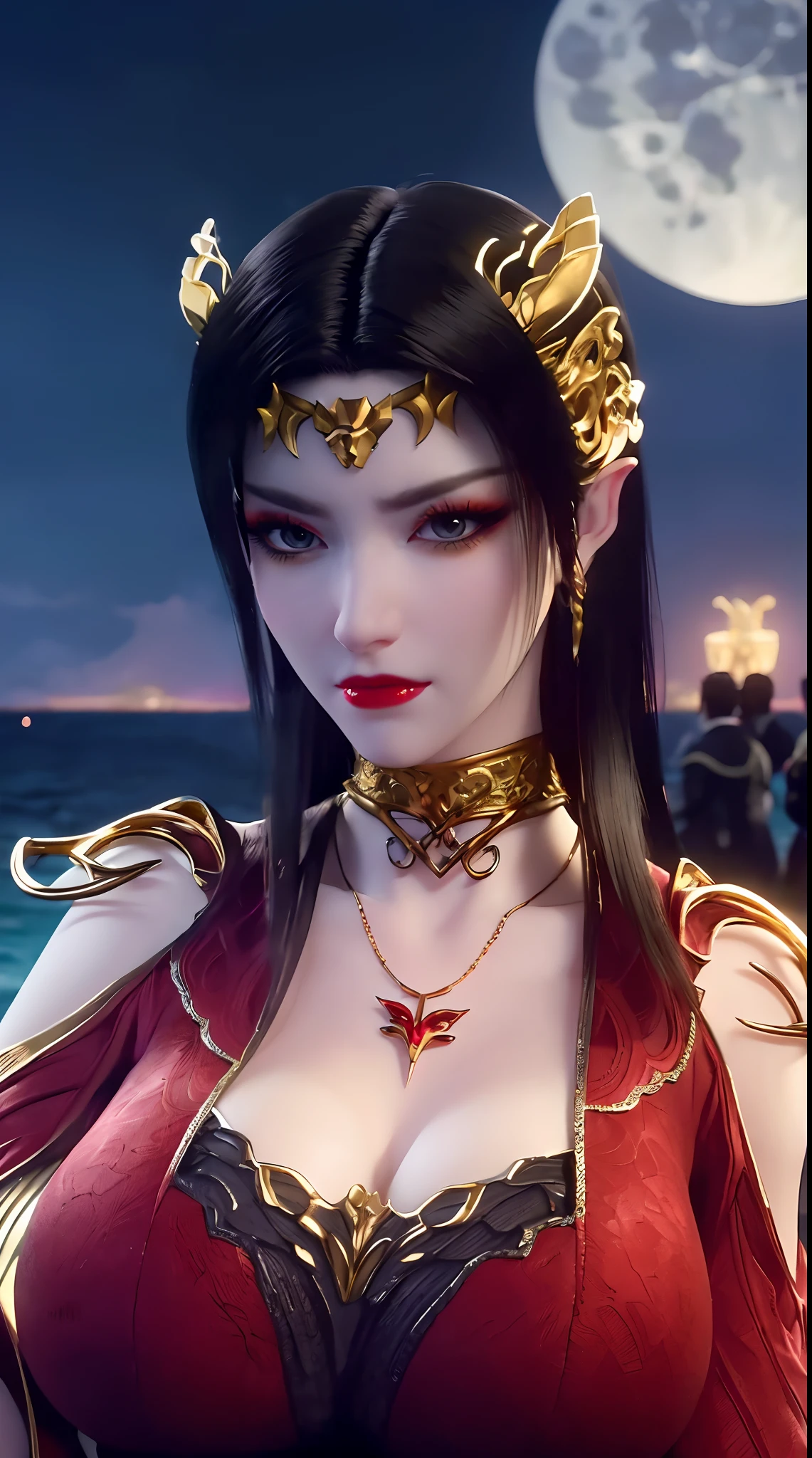 1 extremely beautiful bride, ((wearing a red wedding dress:1.6)), (((jewels decorated on wedding dresses:1.6))), ((long black hair:1.6)), jewelry elaborately made from precious stones and beautiful hair, ((wearing a 24k gold lace necklace:1.4))), ((A thin red silk scarf covers half of the face:1.5)), the noble, noble style of an extremely beautiful girl, her small face is super cute, her face is very pretty, thin eyebrows, flawless beautiful face, ((black eye pupils: 0.8)), very beautiful eyes, ((platinum blue eyes: 1.6)), (((big round eyes:1.6))), nice makeup and hair detailed eyelashes, steamy eye makeup, high nose, earrings, red lips, ((closed mouth: 1.5)) beautiful lips, slim hands, most beautiful thighs, ((arms spread out to the sides: 1.5)), rosy face, clean face, flawless beautiful face, smooth white skin, (big breasts: 1.5)), ((high breasts: 1.6)), tight breasts, beautiful cleavage, (((big breasts and super round: 1.8))), ((super tight breasts: 1.7)) , beautiful breasts, perfect body, back arms, chest out, thin black mesh stockings with black lace trim, 8k photo, super high quality, super realistic, super 10x pixels, optical, bright studio, bright edges, dual-tone lighting, (high-detail skin:1.2), super 8k, soft lighting, high quality, volumetric lighting, photorealistic, photorealistic high resolution, lighting, best photo, 4k, 8k quality, blur effect, smooth sharp, 10 x pixel, ((sea and moonlight at night background:1.5)), aurora, lightning, super graphics realistic, most realistic graphics, 1 girl, alone, solo, Extremely sharp image, surreal, (((frontal portrait: 1)))."