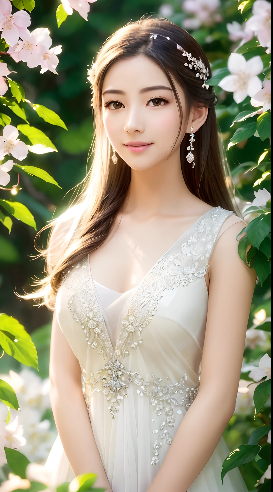 (Best quality,4K,A high resolution,Ultra-detailed,Realistic:1.37),Vivid colors,Sunlight,llight rays,bergamot,white blossoms,Beautiful girl,Exquisite features,Flowing hair,Serene expression,Garden setting,Elaborate dress,Soft sunlight,Gentle breeze,Cheerful ambiance,Backlit scene,a hint of smile,ethereal glowing,Fresh in the morning,Long shadows,harmony of nature,subtle reflections,Natural beauty,Twinkling dewdrops,Clear detail,serenity and calm,Sublime ingredients,Arrive at the branch,whispering leaves,Aromatherapy petals,with light glowing,Sparkling highlights,Subtle shadows,Soft focus,Sublime beauty,Whisper natural,Fantastical Atmosphere,Illuminated background.
