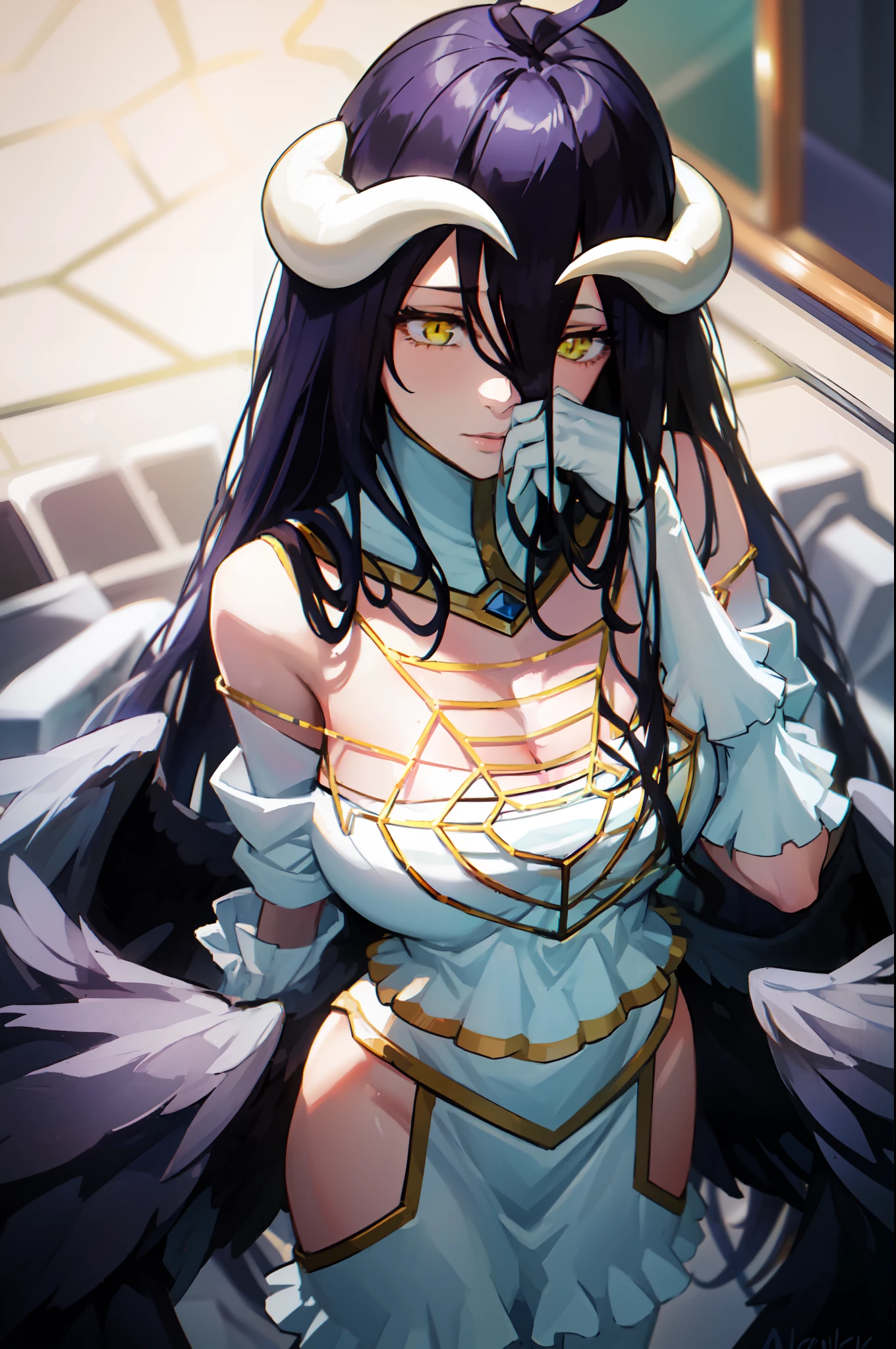 Albedo from overload, anime art style, demon horns, white gloves, white dress, bare shoulders, detached collar, cleavage, slit pupils, black wings, feathered wings, low wings, wall background, dynamic pose, joyful expression, vibrant colours, albedow,