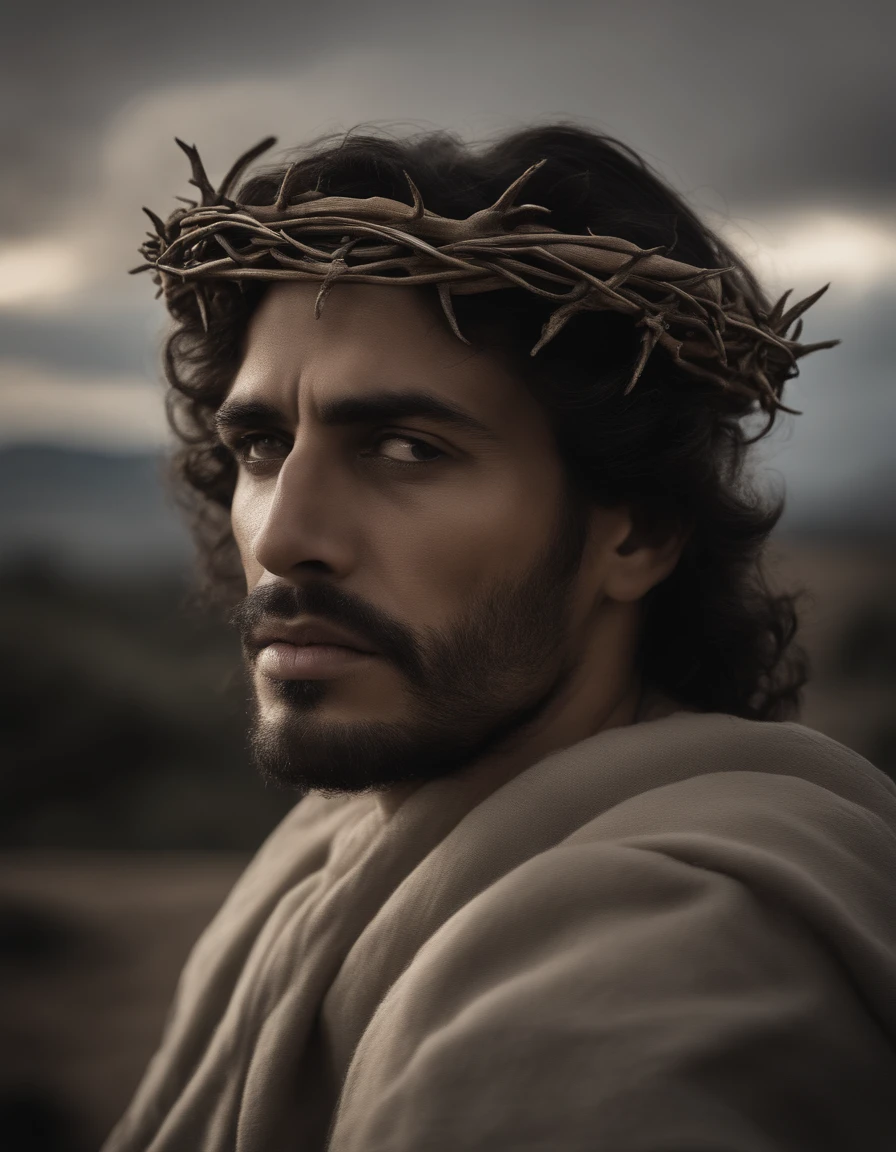 Uma foto fotorrealista capturando Jesus na cruz, with a panoramic view looking directly at Him. ((crown of thorns on the head)). The focus of the image is on the face of Jesus as He looks up to the heavens, sighing for air in the midst of His crucifixion. A cena se passa ao ar livre, with a clear sky in the background. Lighting should be dramatic, enfatizando a intensidade emocional do momento, with rays of sunshine breaking through the clouds to create a sense of divine presence.