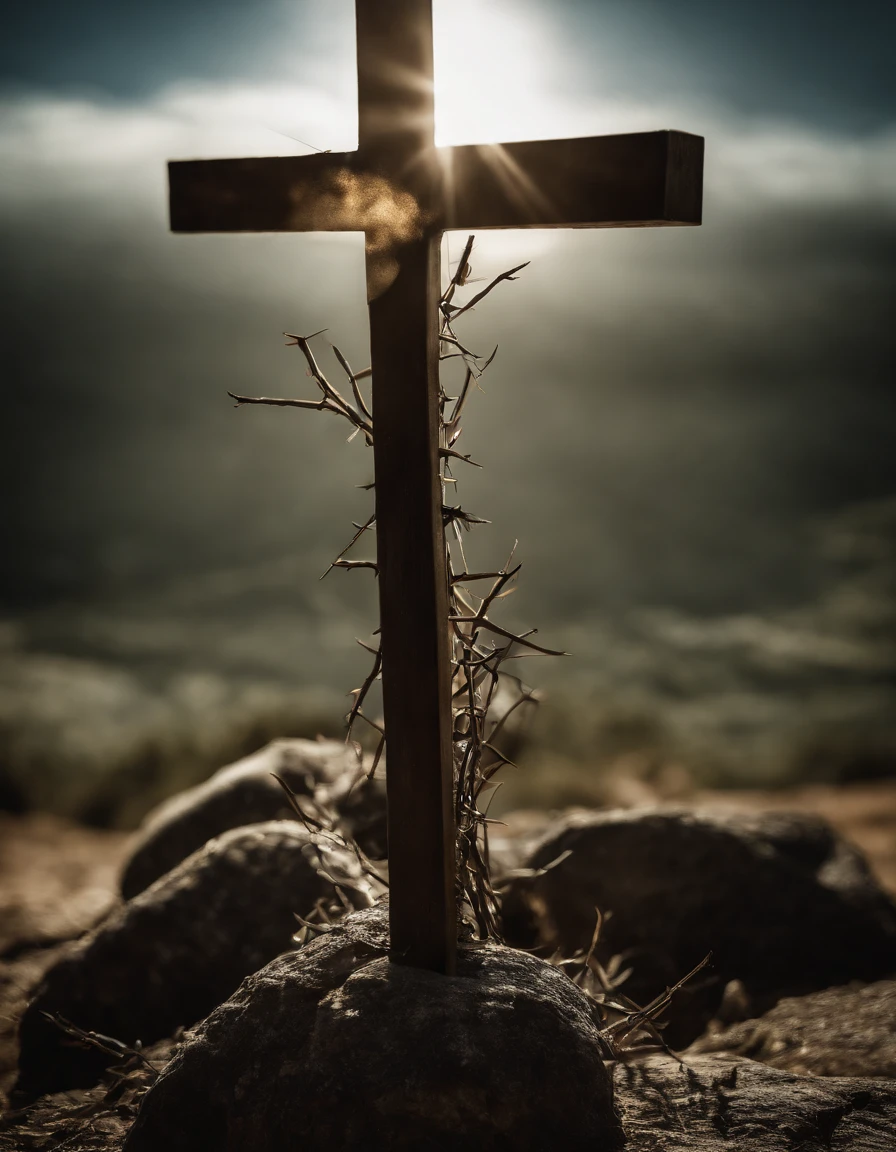 Uma foto fotorrealista capturando Jesus na cruz, with a panoramic view looking directly at Him. ((crown of thorns on the head)). The focus of the image is on the face of Jesus as He looks up to the heavens, sighing for air in the midst of His crucifixion. A cena se passa ao ar livre, with a clear sky in the background. Lighting should be dramatic, enfatizando a intensidade emocional do momento, with rays of sunshine breaking through the clouds to create a sense of divine presence.