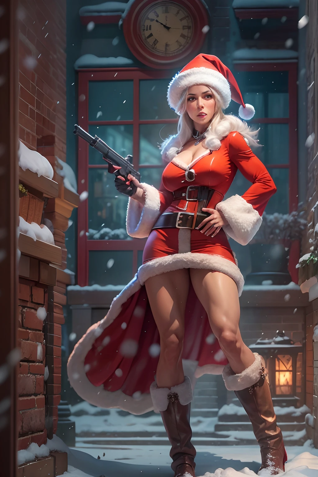 muscular, fit, Gangster, Mafia, Mrs. Claus, Sexy Women Santa,  in Santa Claus Costume with gun in his hand, snowflakes fall gently around, Snowy night, Snowy Big Ben behind him, Full body picture, Surrealistic Female Portraits by David Hockney and Alphonse Mucha,Fantasy art, photograph realistic， Dynamic lighting， art stations, poster for, Volumetric lighting, Very detailed faces,4K,Award-Awarded,Fantastic costumes,Deep shadows,low tune,cowboy lens， （official outfit：1.4），f/4.0, 135mm, Fujifilm, jpeg artifacts, dithering, UHD, masterpiece 8K high resolution, sharp and realistic details.from outside