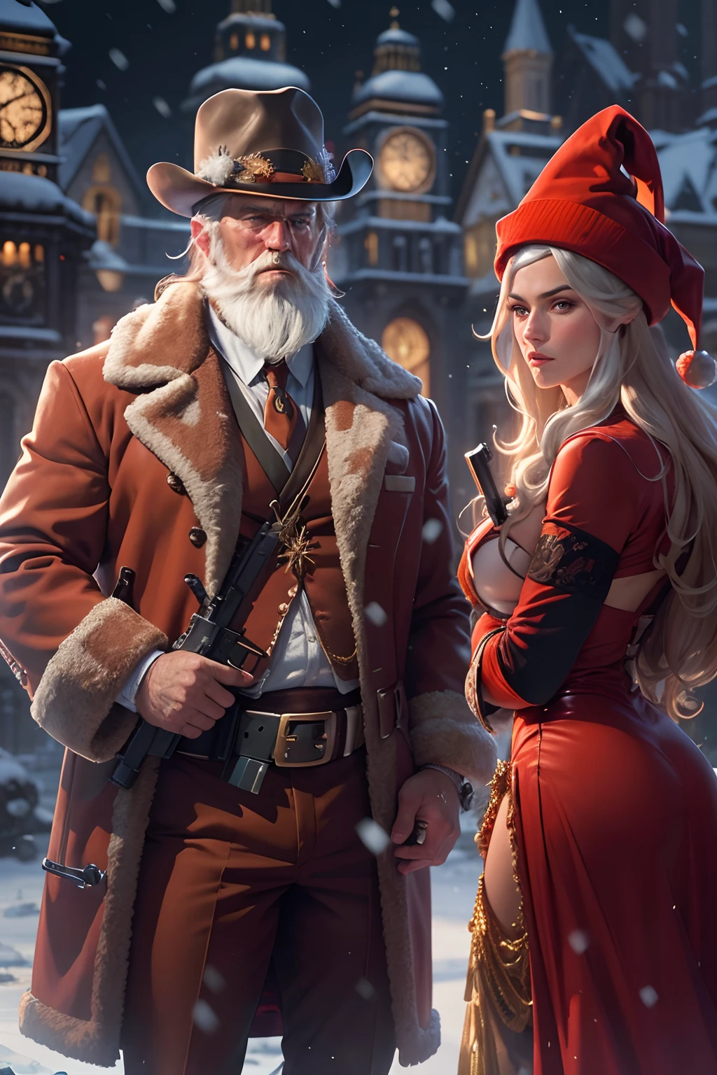 muscular, fit, Gangster, Mafia, Santa Claus, long white beard, Closed clothes, in Santa Claus Costume with gun in his hand, snowflakes fall gently around, Snowy night, Snowy Big Ben behind him, Full body picture, Surrealistic Female Portraits by David Hockney and Alphonse Mucha,Fantasy art, photograph realistic, Dynamic lighting, art stations, poster for, Volumetric lighting, Very detailed faces,4K,Award-Awarded,Fantastic costumes,Deep shadows,low tune,cowboy lens, (official outfit:1.4),f/4.0, 135mm, Fujifilm, jpeg artifacts, dithering, UHD, masterpiece 8K high resolution, sharp and realistic details.from outside