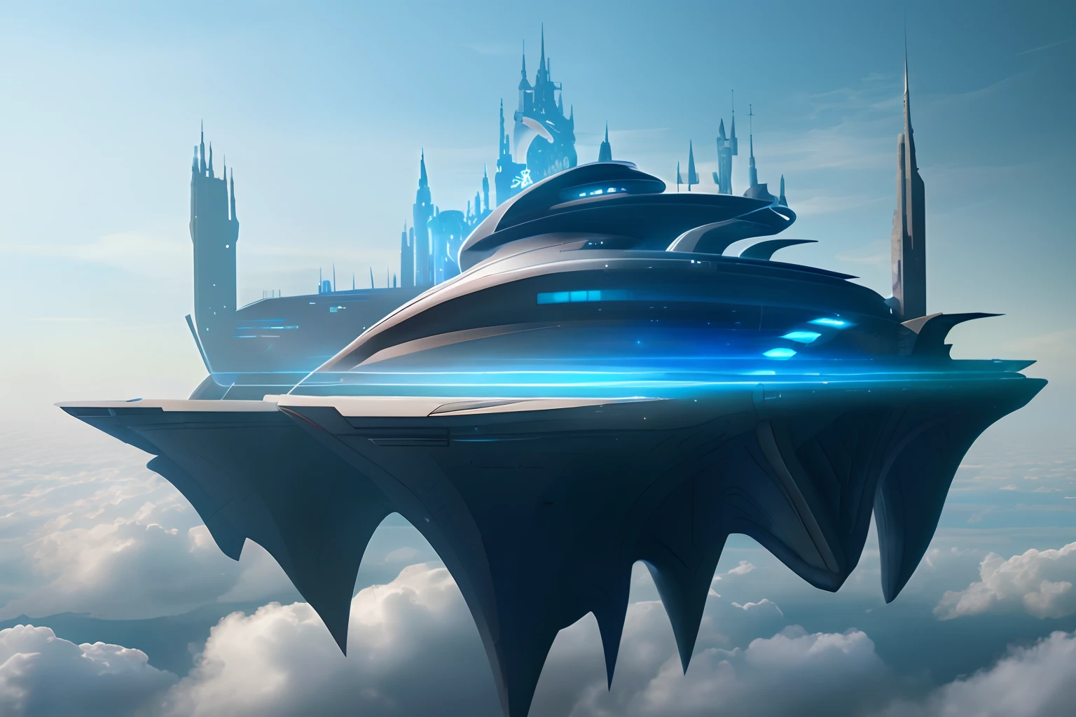 Above the clouds，Interstellar voyage，Huge high-tech floating Gothic castle，Above the clouds，Huge mobile Gothic castle，Floating Gothic castle，Sea of clouds，Futuristic woman futuristic floating castle with futuristic futuristic floating castle background, inspired by Marek Okon, Beautiful sci-fi art, Science-fi digital art illustration, Digital cyberpunk art, science fiction digital painting, futuristic digital painting, futuristic concept art, In front of the view of the sci-fi floating castle, science fiction digital art, Advanced digital cyberpunk art, dreamy cyberpunk girl
