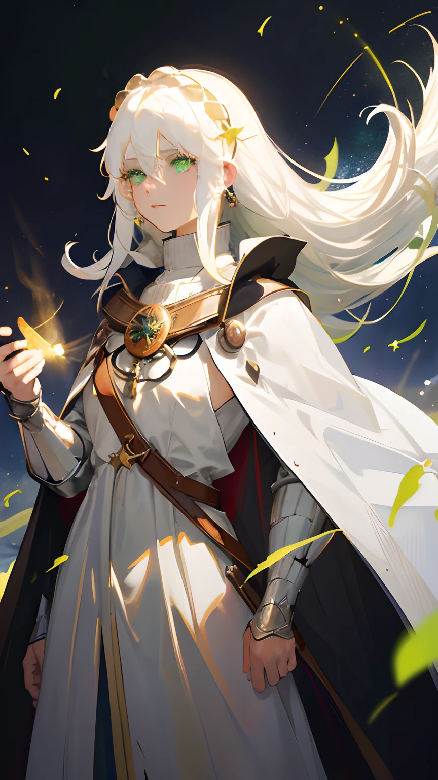 1girl, (White hair:1.8), (Light green eyes:1.7), dress, Black and white medieval clothing, (Medieval cape short black:1.6). (Long hair, Masterpiece:1.6), Best quality, super detail, 16k, anatomically correct, (beautiful eyes:1.5), retina, (full moon:1.2), (shooting stars:0.9), (nebula:1.3), distant mountains, trees BREAK production art, (warm light source:1,2), (Fireflies:1,2), lamps, lots of purple and orange, intricate details, volumetric lighting BREAK (masterpiece:1.2), (best quality), 4K, very detailed, (dynamic composition:1.4), very detailed, colorful detail, (colorful color:1.2), (luminous lighting, atmospheric lighting), dreamy, magical, (Solo:1.2)