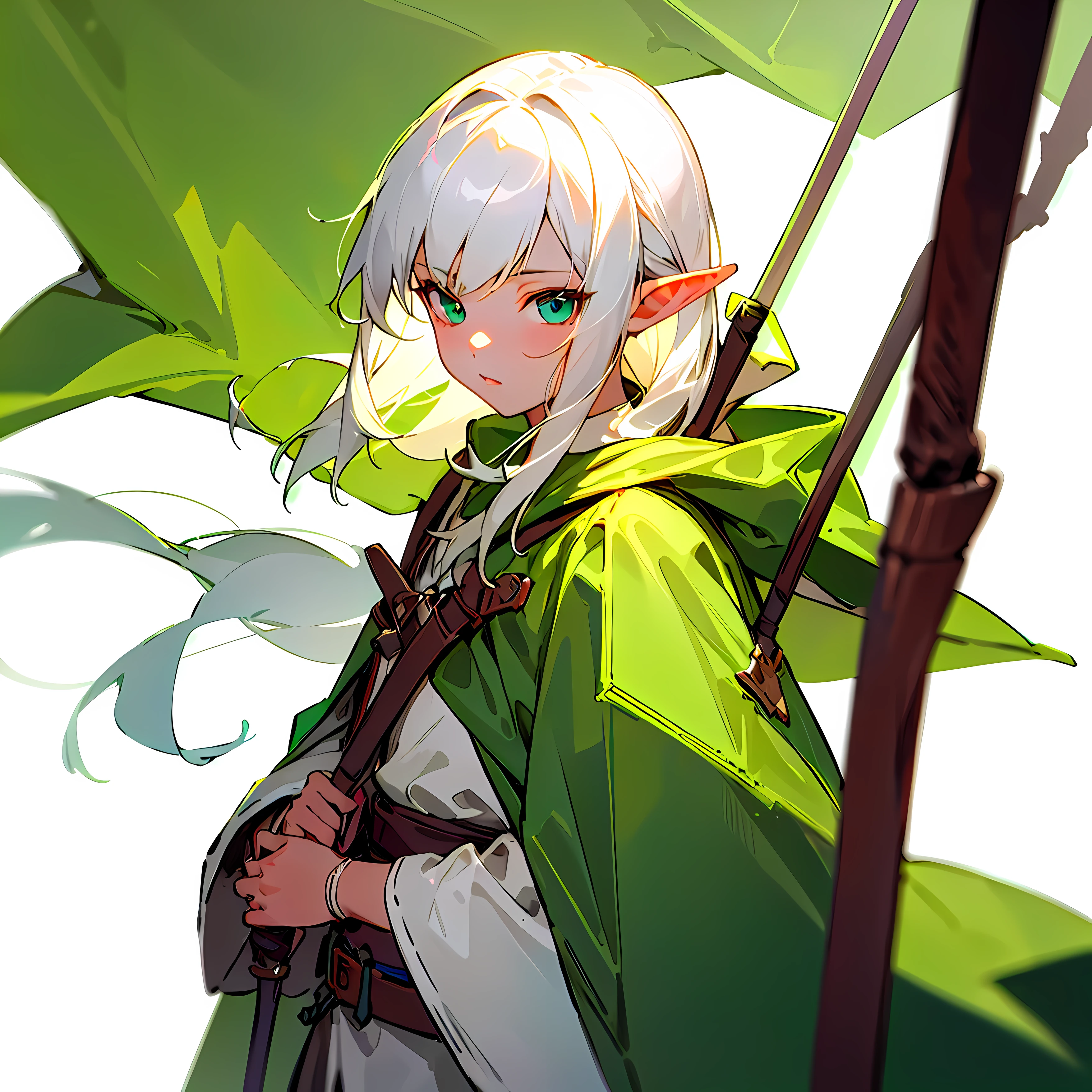 (masterpiece, best quality),solo gril 1, white background, ,elf, archer, cloak,  white hair,green dress theme,fantasy,look at view,close up
