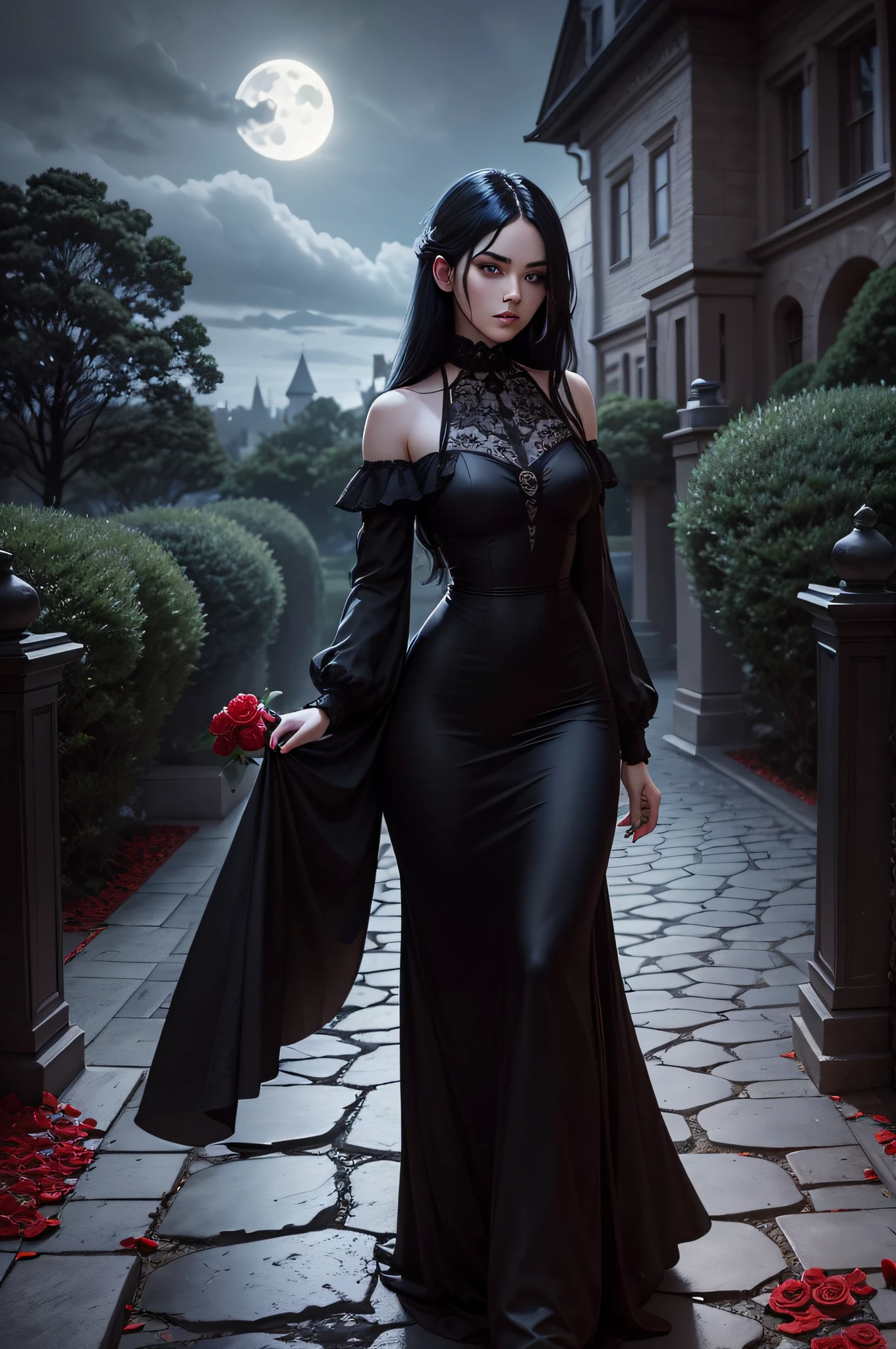 dark dark dark mansion full moon night with path of red roses planted around the stones to the entrance of the mansion, Woman with black hair heading towards the front door