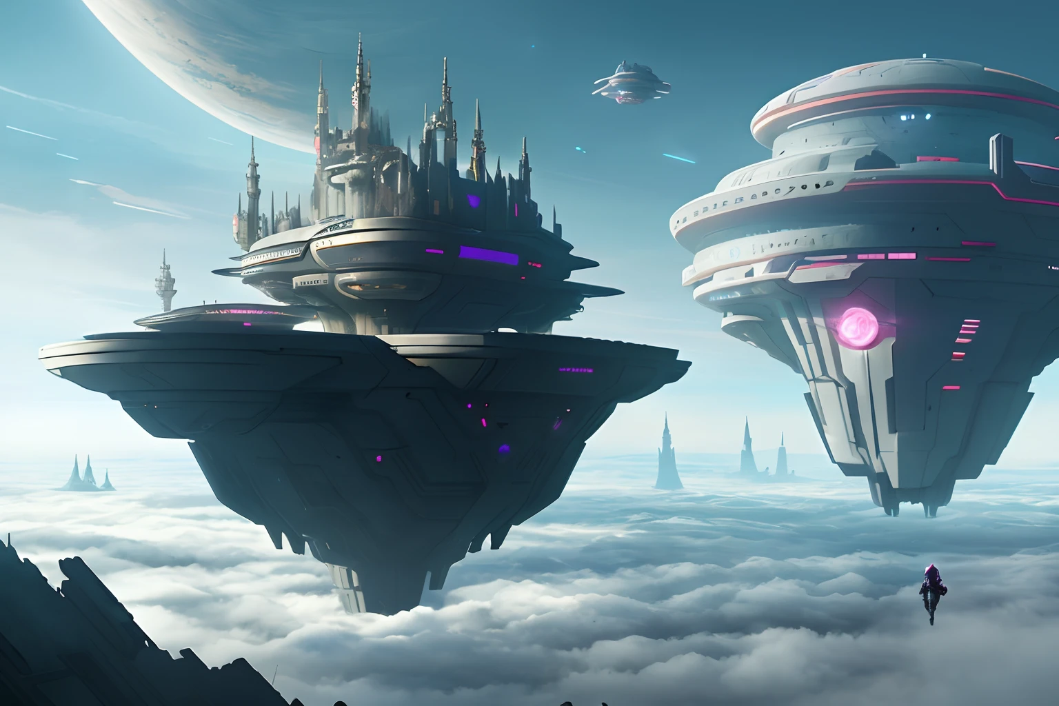 Above the clouds，Interstellar voyage，Huge high-tech floating castle，Above the clouds，Huge moving castle，Floating castle，Sea of Clouds，Futuristic woman futuristic floating castle with futuristic futuristic floating castle background, inspired by Marek Okon, Beautiful sci-fi art, Science-fi digital art illustration, Digital cyberpunk art, science fiction digital painting, futuristic digital painting, futuristic concept art, In front of the view of the sci-fi floating castle, science fiction digital art, Advanced digital cyberpunk art, dreamy cyberpunk girl