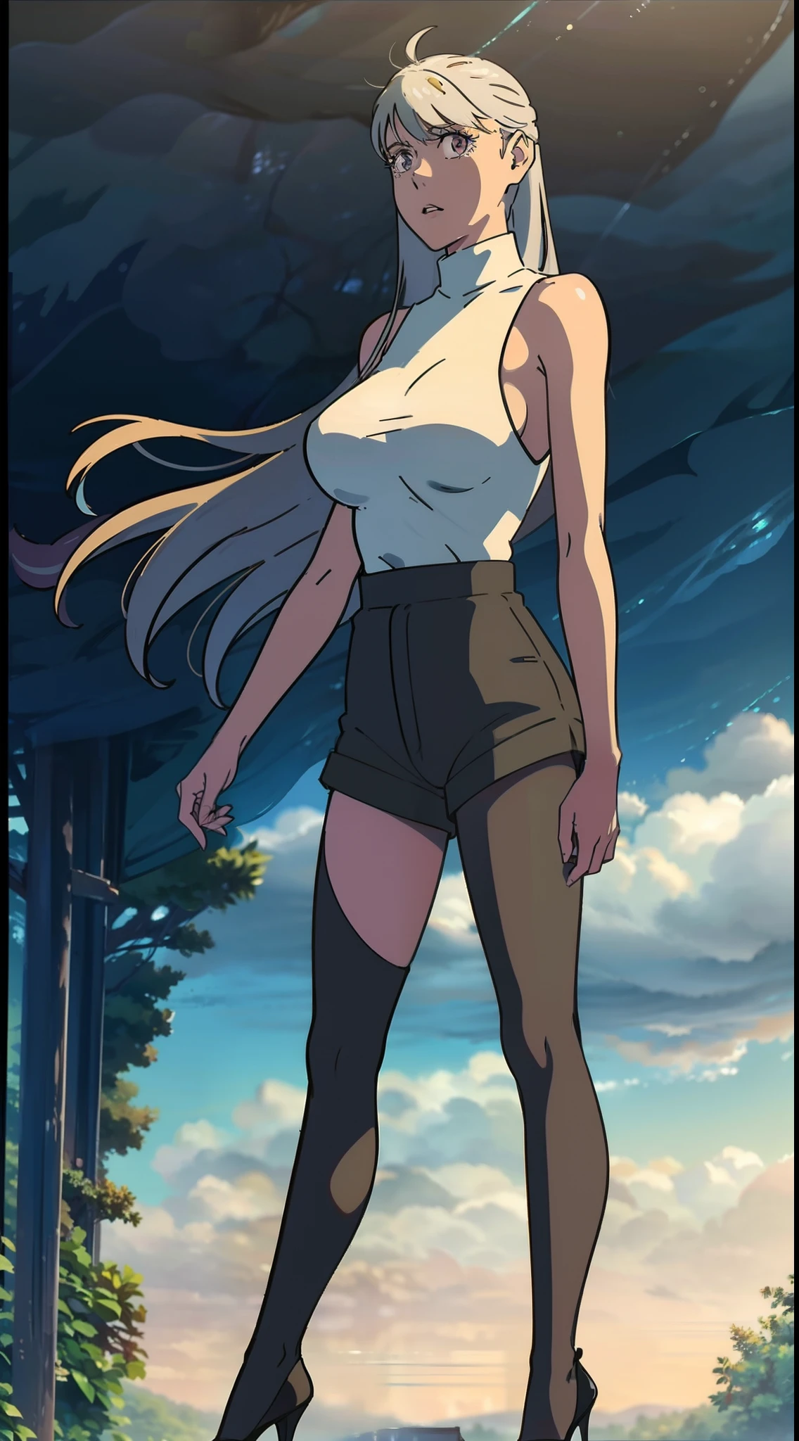 1girll,long whitr hair,sleeveless turtleneck,High-waisted skinny shorts,Black tights,high-heels,huge boob,Delicate makeup,are standing,staring in the camera,ln the forest,floresta exuberante,The best lighting