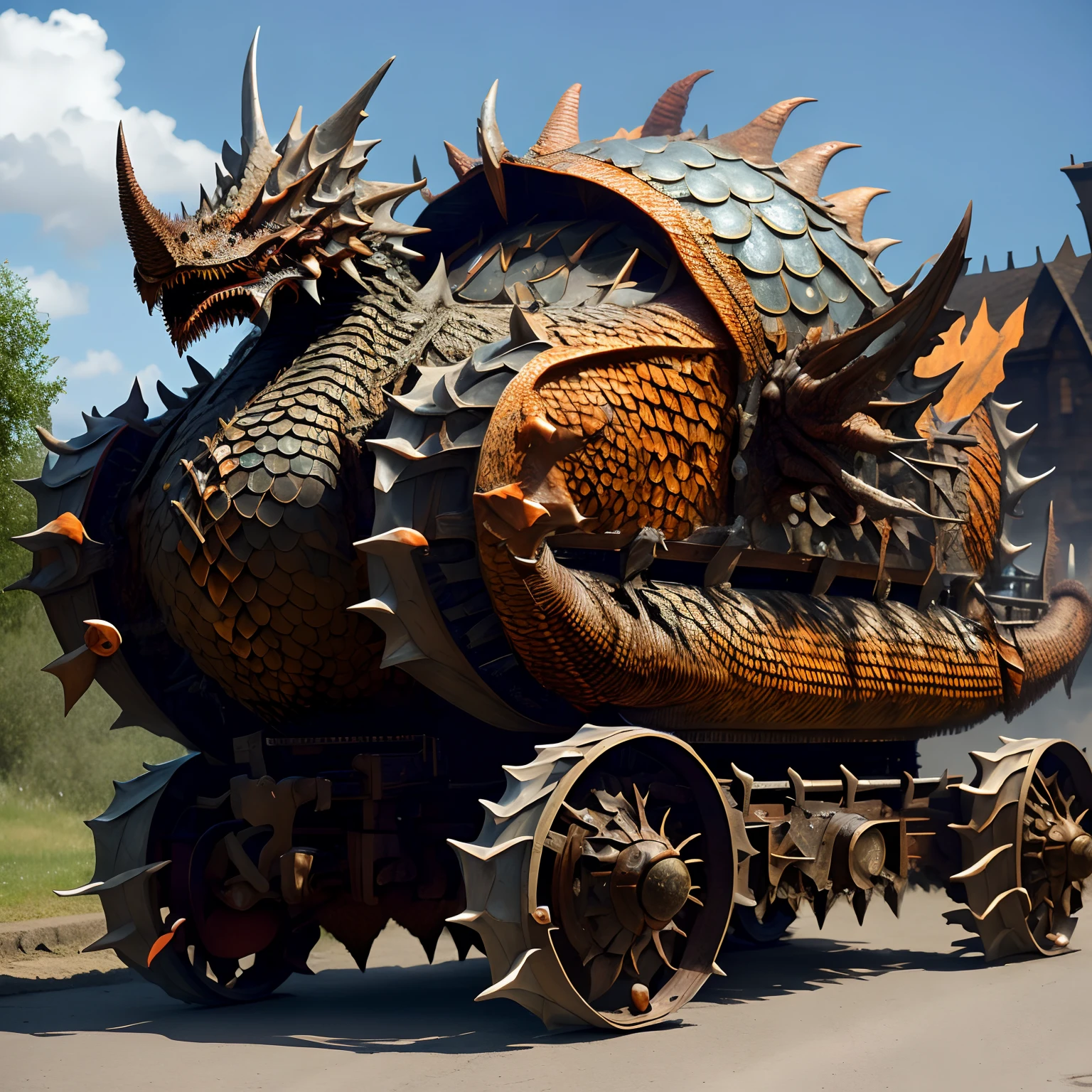 RPG Model ,DragonScaleAI , An unusual scaly orange carriage stands on the road , Its steel wheels are visible , intricate patterns are visible on the side doors of the carriage , Front light.
