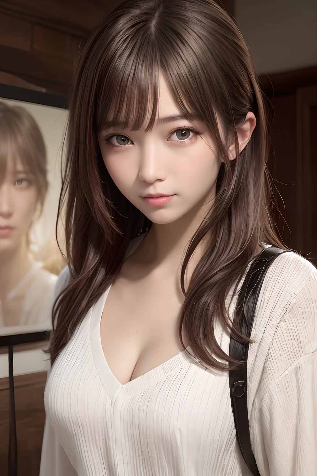 ​masterpiece, top-quality, in 8K, absurderes, The upper part of the body, whiteshirt, beautiful a girl, Clean face, looking at the viewers, A smile, A hyper-realistic, hight resolution, foco nítido, nffsw, face lights, Dynamic lighting,  Lighting, Professional Shadows, beautiful cityscape background, highestdetailed, ighly detailed, ultra-detailliert, finely detail, authentic skin, Delicate facial features, Detailed face and eyes, Sharp pupils、Realistic pupils