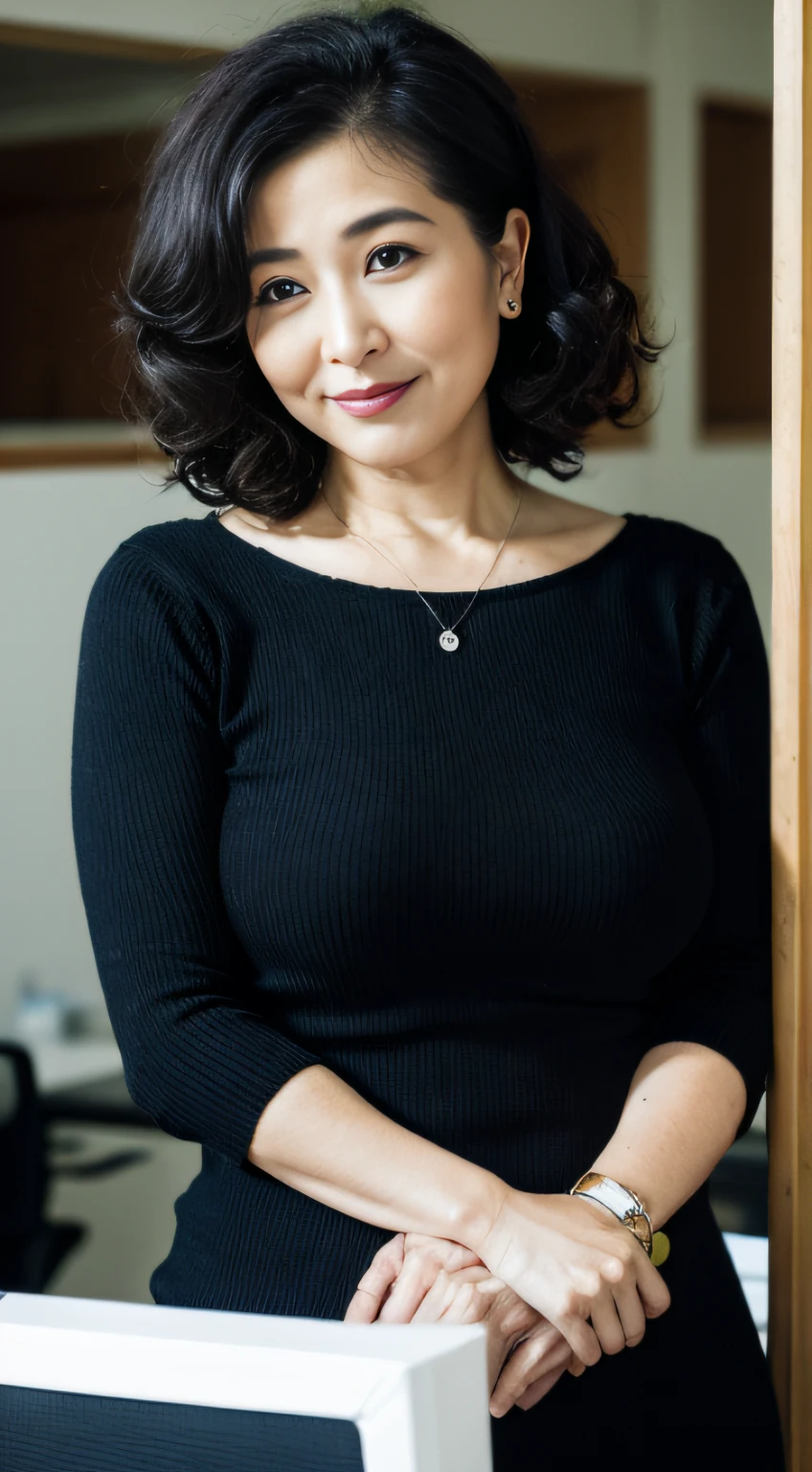 ((Best quality, 8K, Masterpiece, Portrait: 1.3)), (View viewers), Photorealism, Sharp focus, Solo, The Moro Islamic Liberation Front of Japan, Beauty,Wavy hair, Wrinkles at the corners of the eyes, to emphasize, ((Big breasts:1.3))),,30 years old, curlies, Wrinkled eyes, Elegant black shirt、Skinny knit dress、耳Nipple Ring,((looking at viewert)),office room, Office desk,