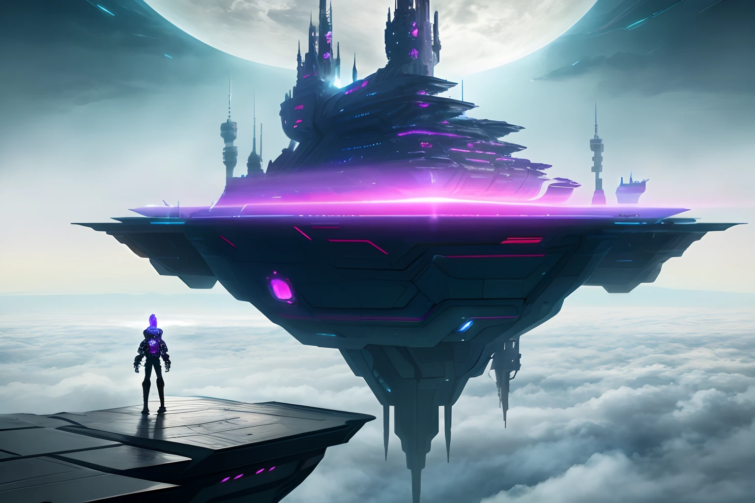 Above the clouds,Interstellar voyage,Huge high-tech floating castle,Above the clouds,Huge moving castle,Floating castle,Futuristic woman futuristic floating castle with futuristic futuristic floating castle background, inspired by Marek Okon, Beautiful sci-fi art, Science-fi digital art illustration, Digital cyberpunk art, science fiction digital painting, futuristic digital painting, futuristic concept art, In front of the view of the sci-fi floating castle, science fiction digital art, Advanced digital cyberpunk art, dreamy cyberpunk girl