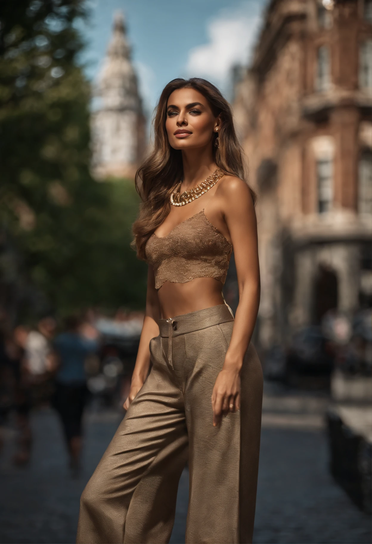 (Masterpiece, Best quality), beautiful woman, Detailed top with sleeveless turtleneck, pantalon, collier, wavy hair, visage parfait, beau visage, Attirant, De grands yeux magnifiques, ouvrir bouche, content, Corps slim fit parfait, (outdoor), Rues de la ville, New York, couleurs vives
