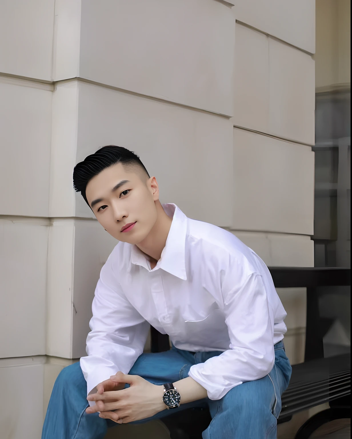 top Quority,超高分辨率,The is very detailed,face,(realisticlying:1.4),dynamic angle,Very handsome,s the perfect face,model shoot,self-shot,(aegyo sal:0.2),(Black shaved side hair:1),ssmile,natural soft light,
