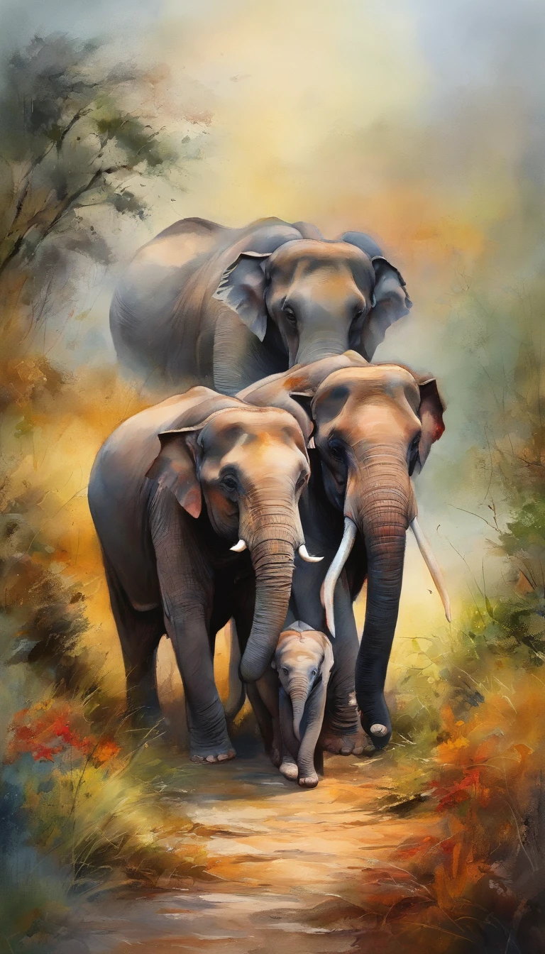 Family of three asian elephants, dad, mom and son, walking towards the camera, colorful landscape. Alessandro Pautasso art, 4K detailed painting, inspired by Sandra Chevrier, Colorful art, vibrant digital painting, colorful digital painting.