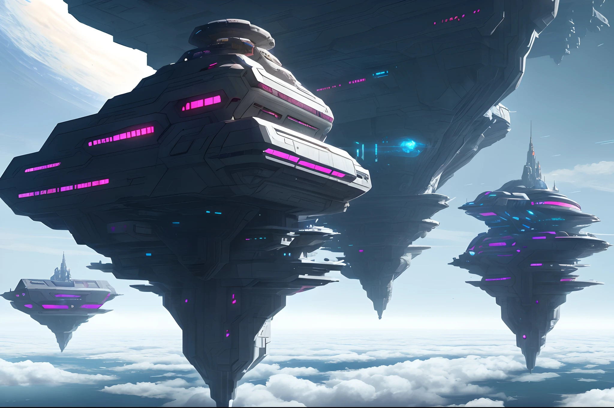 Above the clouds，Interstellar voyage，Huge high-tech floating castle，space station，Futuristic woman futuristic floating castle with futuristic futuristic floating castle background, inspired by Marek Okon, Beautiful sci-fi art, Science-fi digital art illustration, Digital cyberpunk art, science fiction digital painting, futuristic digital painting, futuristic concept art, In front of the view of the sci-fi floating castle, science fiction digital art, Advanced digital cyberpunk art, dreamy cyberpunk girl