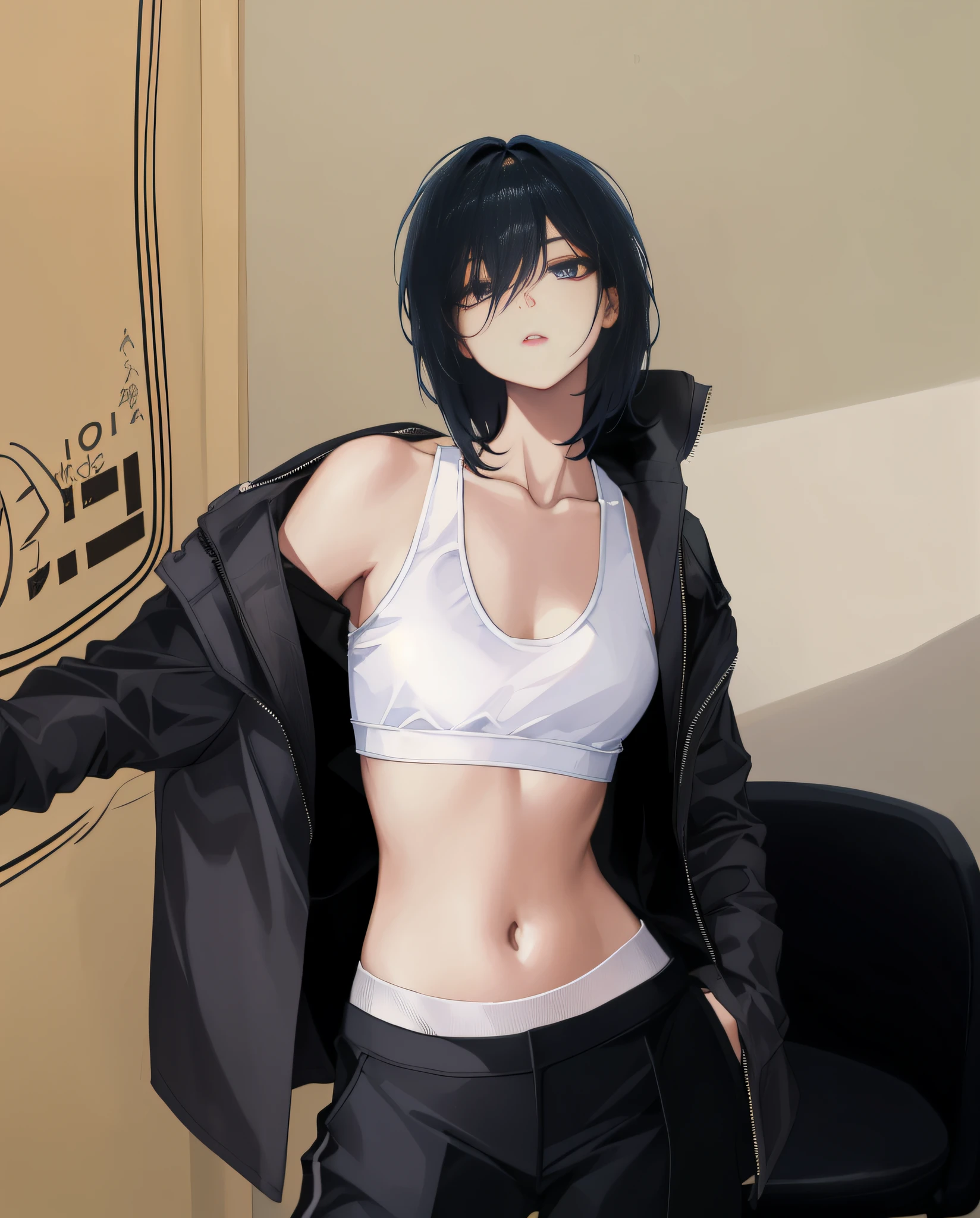 woman in a white top and black pants posing for a picture, black hair with bangs, black hair, (((short hair, hair between eyes))), beautiful face, detailed face, good eyes, good hands, (((perfect anatomy))), mature, mature female, anime girl, anime, detailed background, highres, official art, (masterpiece, best quality, absurdres), ((1girl, solo)), grey jacket, crop top, white bra, sports bra, black pants, black jacket, bare shoulders, open jacket, single bare shoulder, off shoulder, looking at viewer, parted lips, ((blue eyes)), stomach, nice belly, thin, skinny, toned, ribs, nice navel, indoors, chair