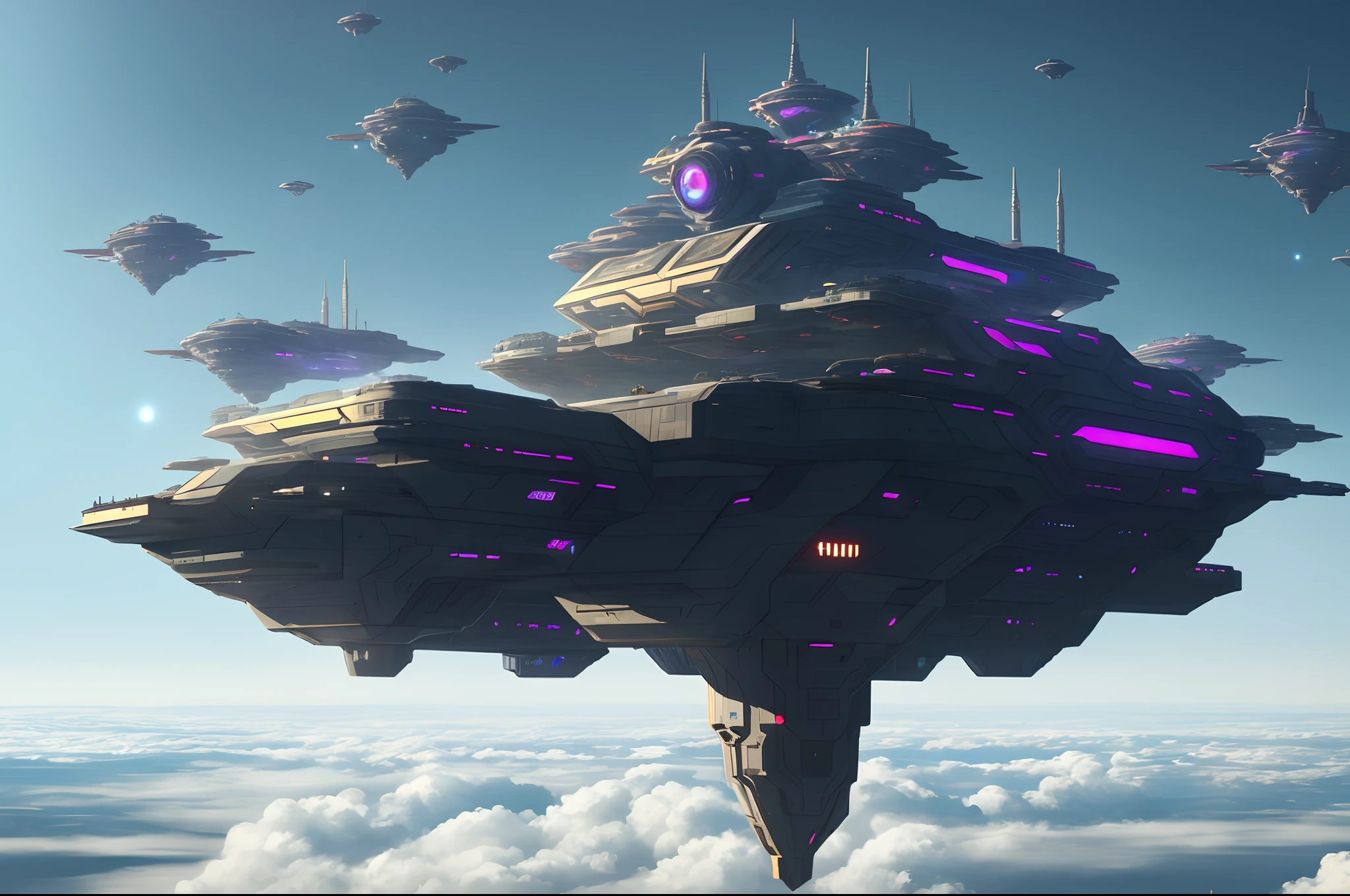 Above the clouds,Interstellar voyage,Huge high-tech floating castle,space station,Futuristic woman futuristic floating castle with futuristic futuristic floating castle background, inspired by Marek Okon, Beautiful sci-fi art, Science-fi digital art illustration, Digital cyberpunk art, science fiction digital painting, futuristic digital painting, futuristic concept art, In front of the view of the sci-fi floating castle, science fiction digital art, Advanced digital cyberpunk art, dreamy cyberpunk girl