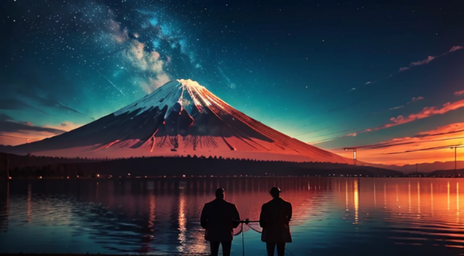 (melhor qualidade, Realistic, fotorrealista:1.37), elegante, Anos 70 usando smoking,Little fat man from Japan, tem barba,Sentado em uma cadeira tocando violoncelo, Playing with a bow in his right hand,Beira do Lago Yamanaka, Mount Fuji in Japan at the bottom of the lake, Com dois cisnes nadando no lago, cores vibrantes, soft lighting,Rosto de mordida de sangue,