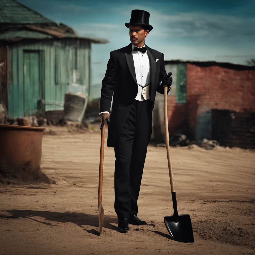 man with tuxedo half body, with shovel, at longway road
