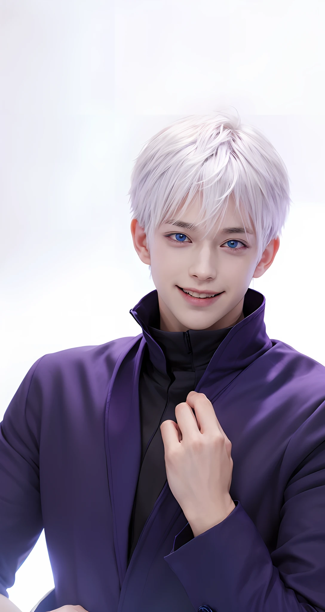 1male, gojo satoru in anime jujutsu kaisen, short hair , white hair, blue ligth eyes, handsome, smile, purple clothes, realistic clothes, detail clothes, city background, ultra detail, realistic