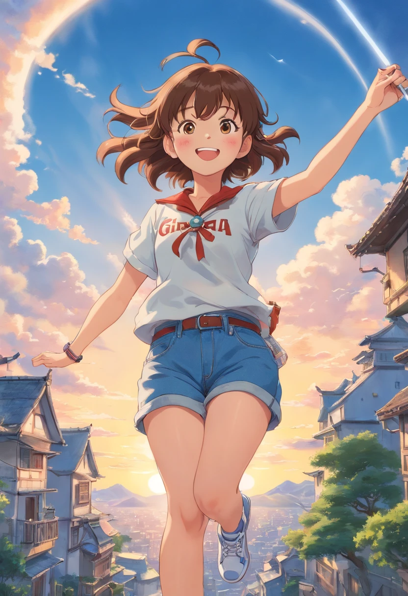 (best quality, high-res, photo-realistic:1.2), ultra-detailed, portrait, looking in the sky, denim pants, athletic sneakers, adorable, genki girl, smiling, long hair, Qi bangs, rays of sunshine, super-fine rendering