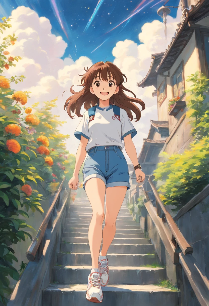 (best quality, high-res, photo-realistic:1.2), ultra-detailed, portrait, looking in the sky, denim pants, athletic sneakers, adorable, genki girl, smiling, long hair, Qi bangs, rays of sunshine, super-fine rendering