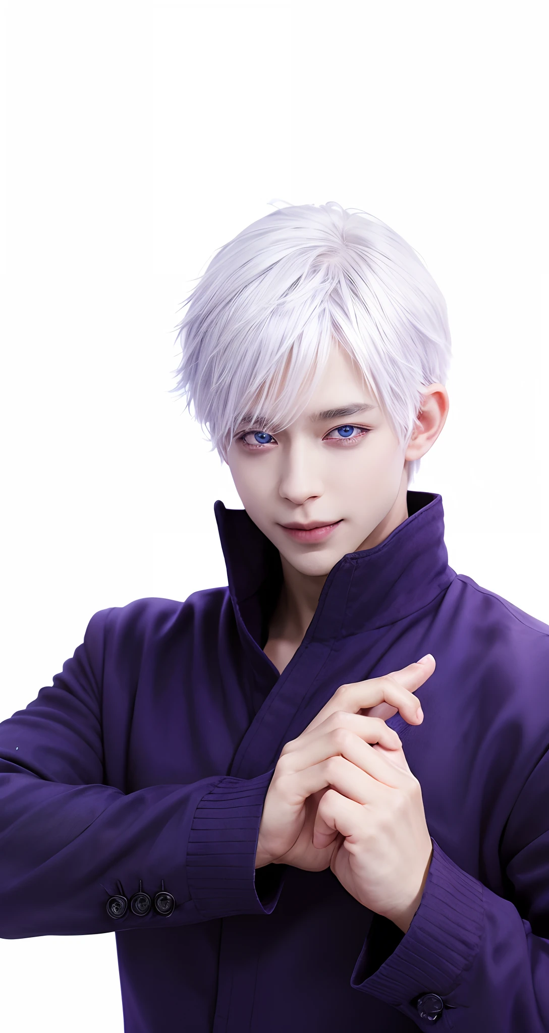 1male, gojo satoru in anime jujutsu kaisen, short hair , white hair, blue ligth eyes, handsome, smile, purple clothes, realistic clothes, detail clothes, city background, ultra detail, realistic