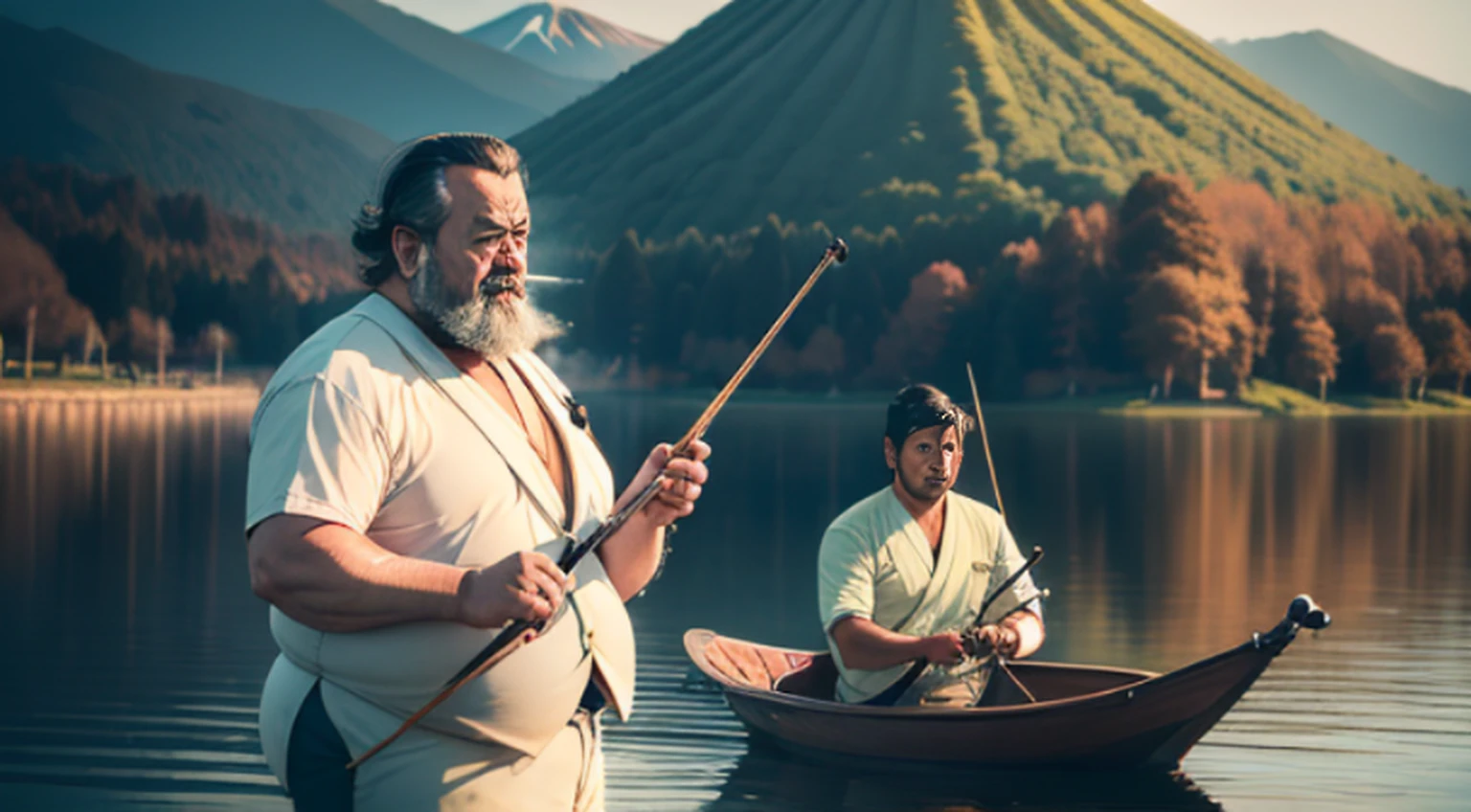 (melhor qualidade, Realistic, fotorrealista:1.37), elegante, Anos 70 usando smoking,Little fat man from Japan, tem barba,Sentado em uma cadeira tocando violoncelo, Playing with a bow in his right hand,Beira do Lago Yamanaka, Mount Fuji in Japan at the bottom of the lake, Com dois cisnes nadando no lago, cores vibrantes, soft lighting,Rosto de mordida de sangue,